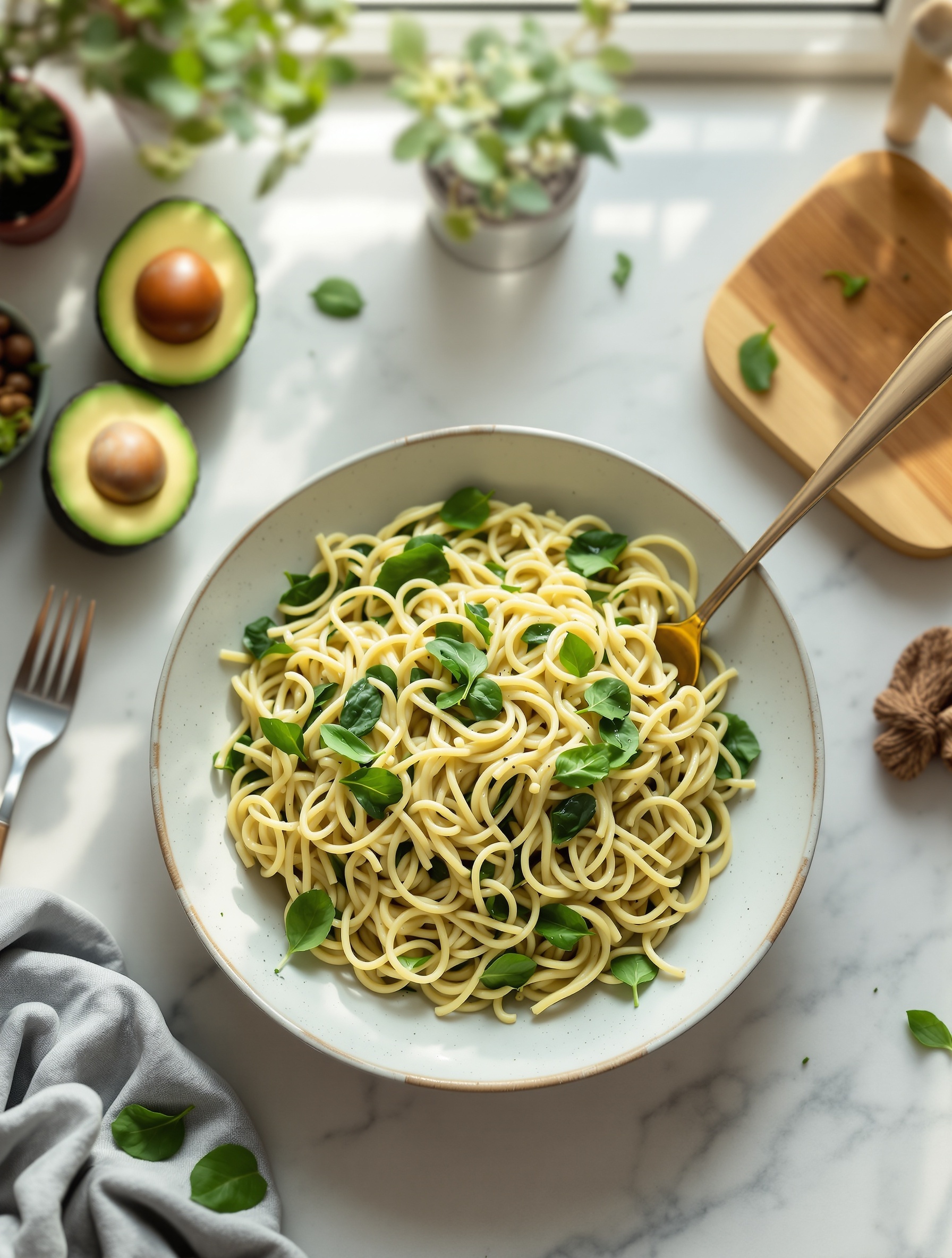 A bowl of creamy avocado pasta topped with fresh spinach leaves on a marble surface.