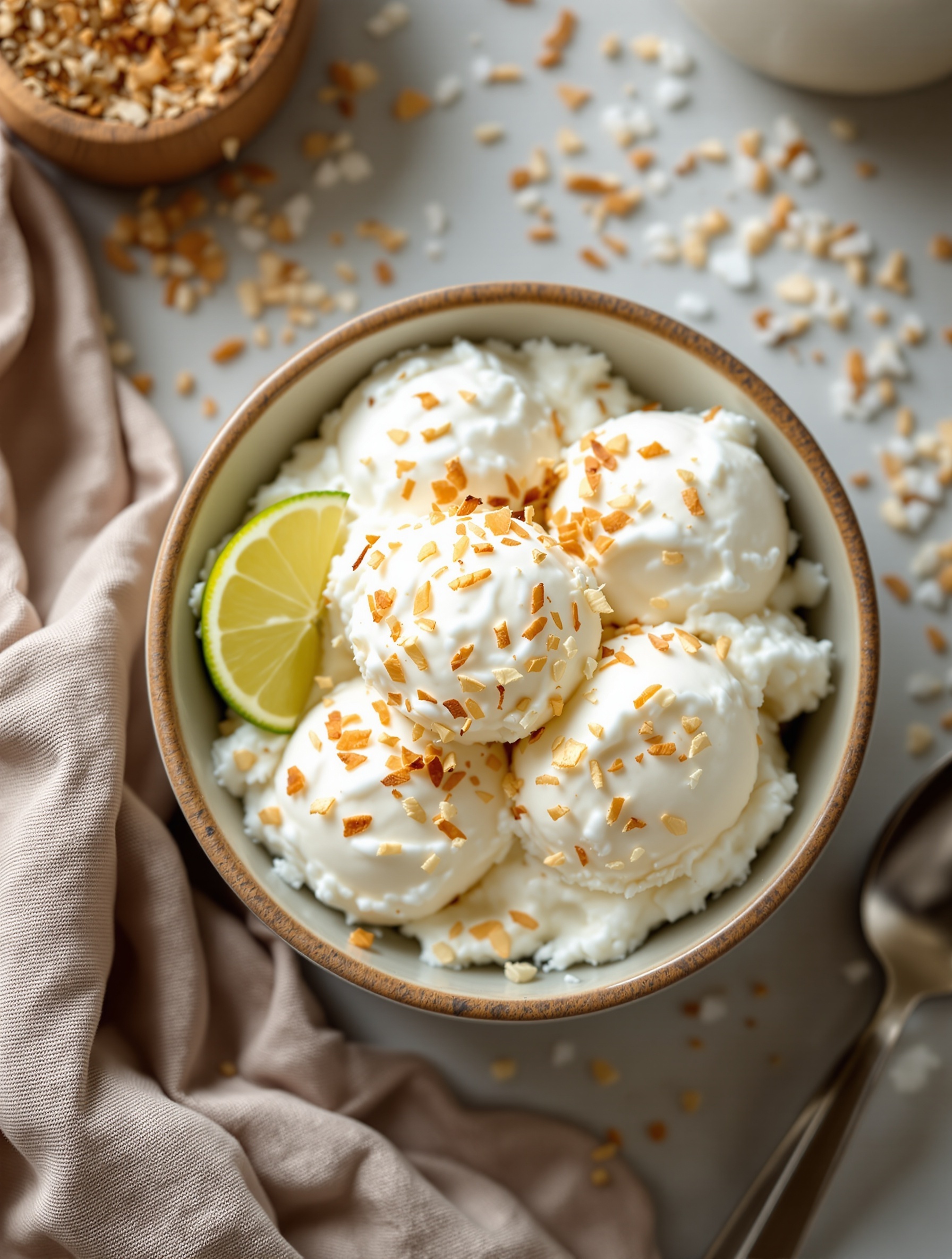 A bowl of creamy coconut ice cream topped with toasted coconut and a slice of lime.