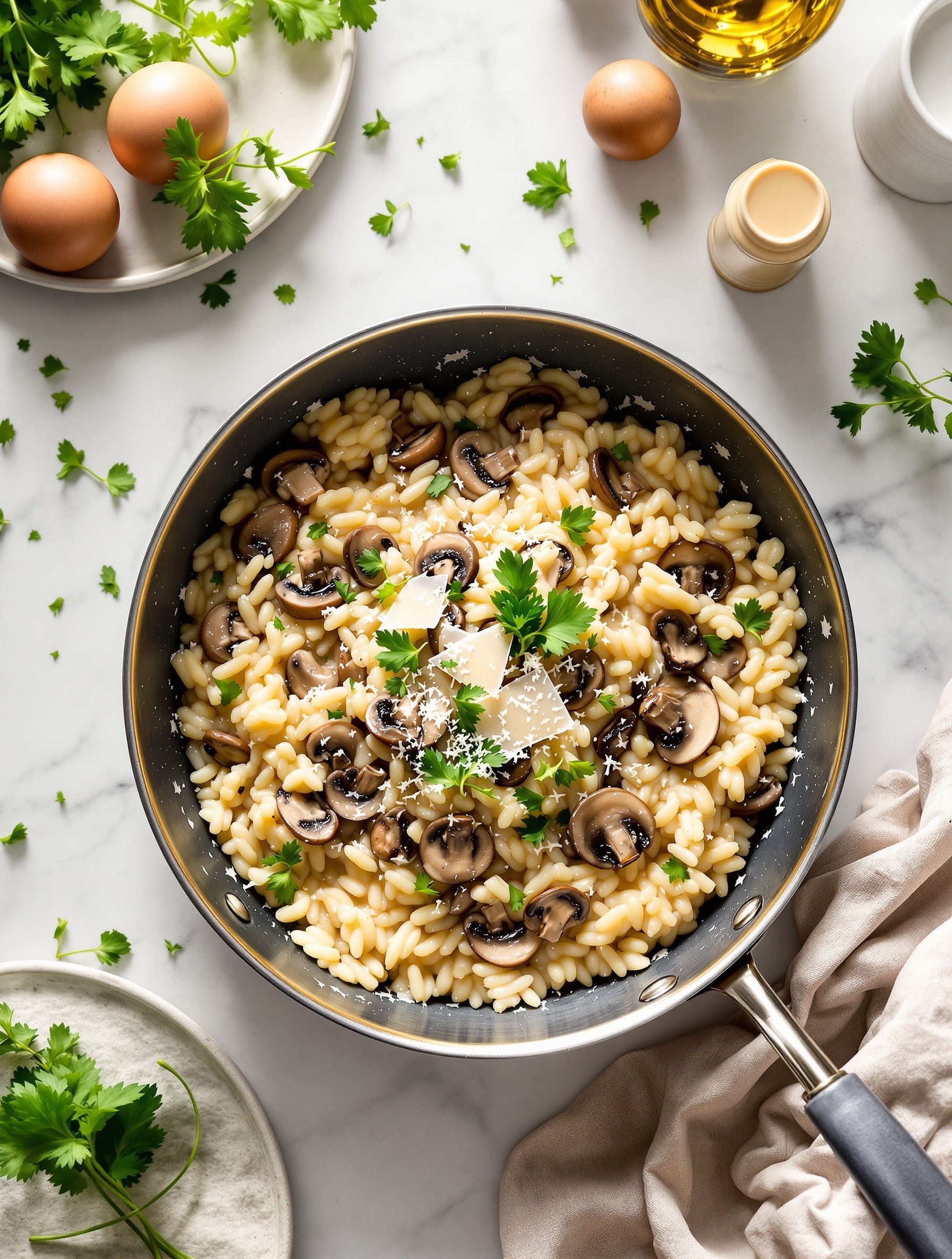 A skillet filled with creamy mushroom risotto topped with parsley and cheese.
