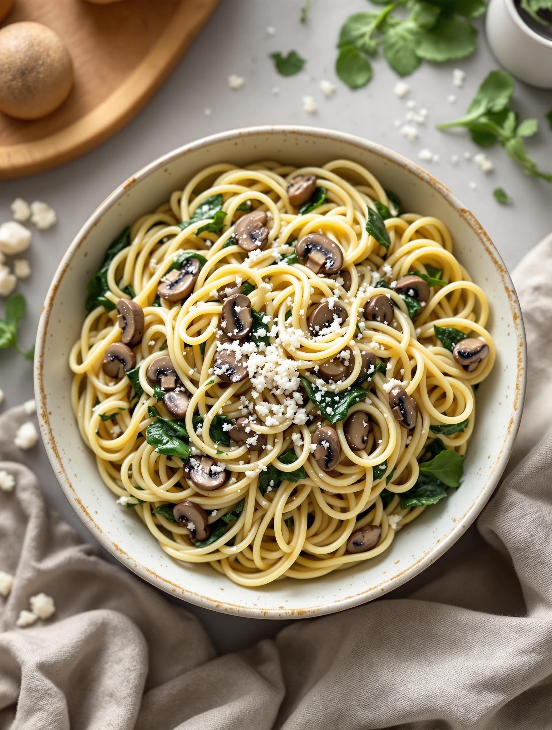 A bowl of creamy spinach and mushroom pasta topped with cheese.
