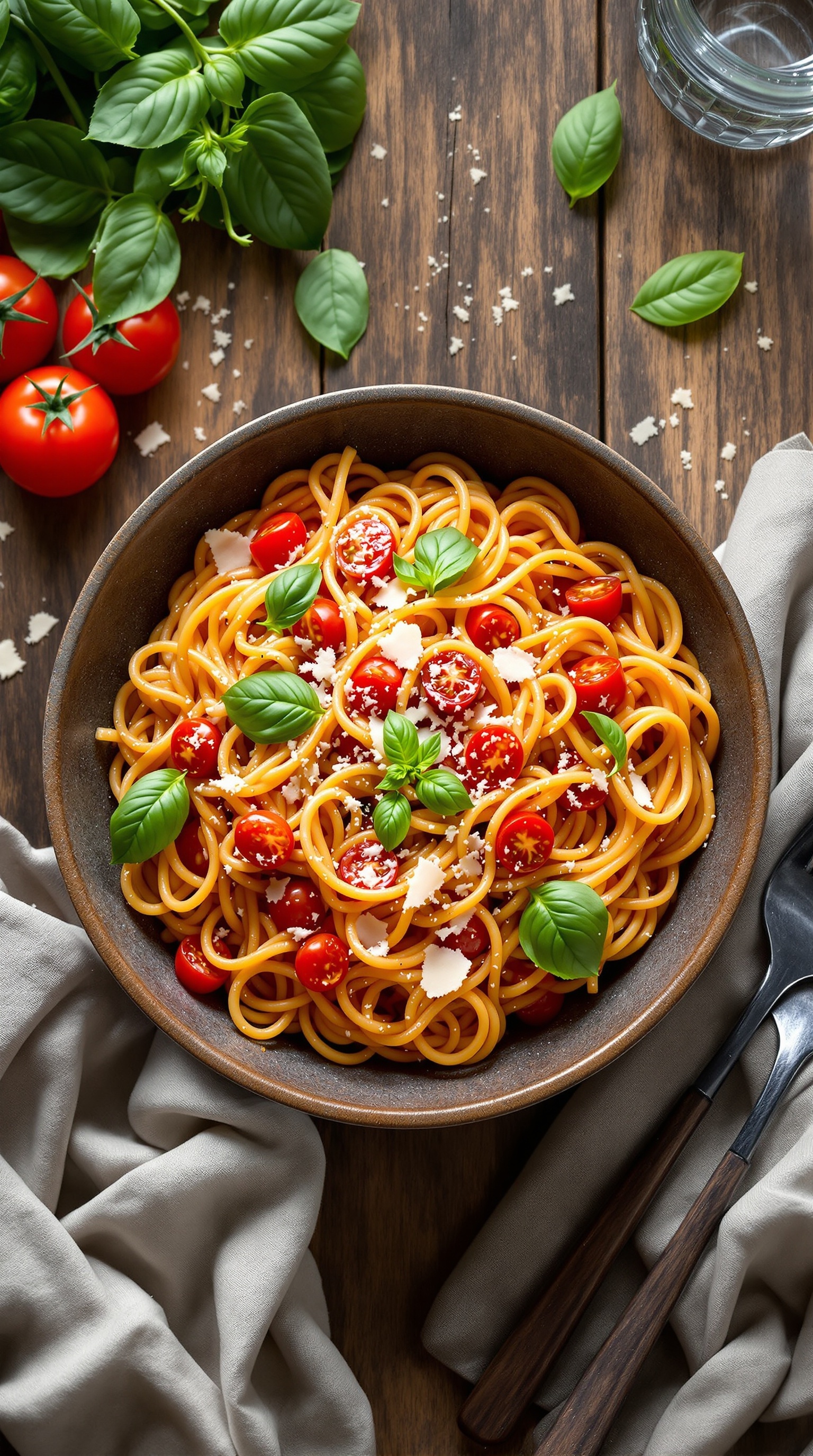 A bowl of creamy tomato basil pasta garnished with fresh basil and cherry tomatoes on a wooden table.