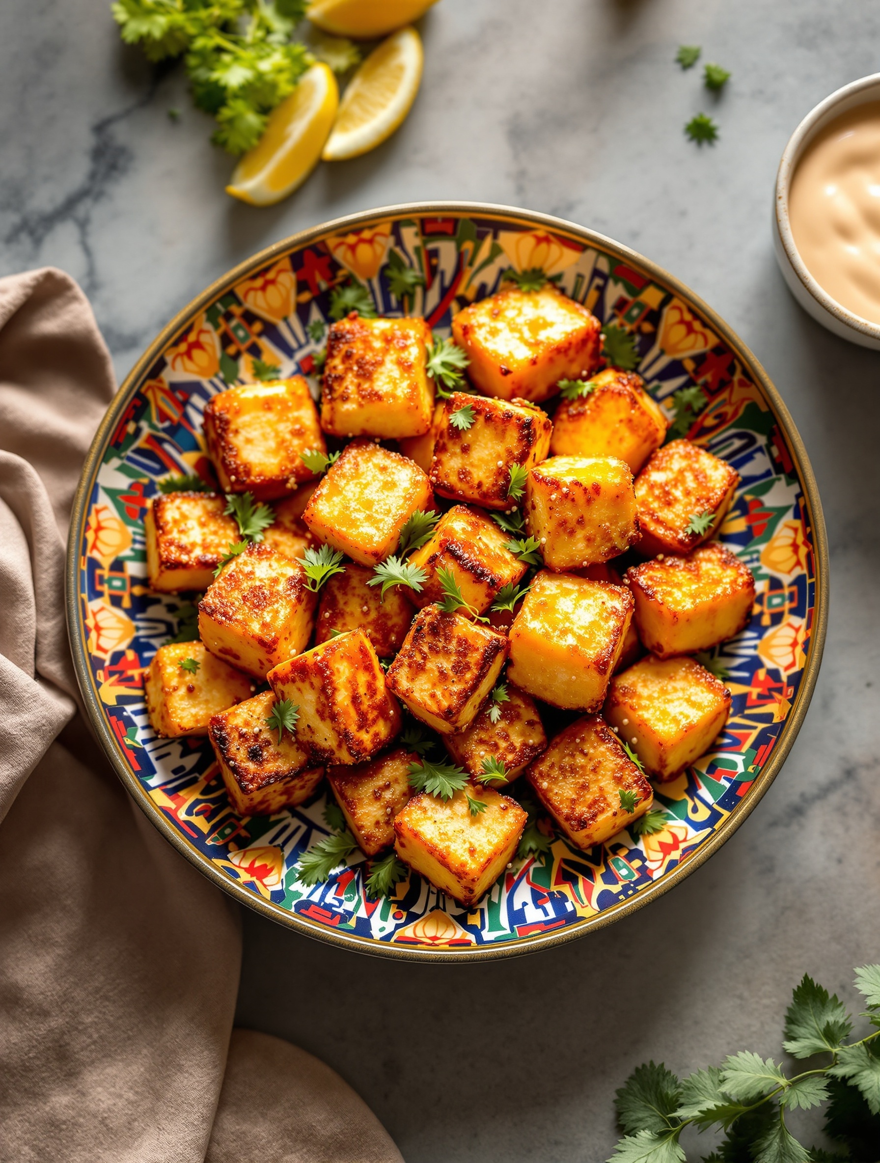 A colorful bowl of crispy air fryer tofu cubes garnished with cilantro and lemon wedges.