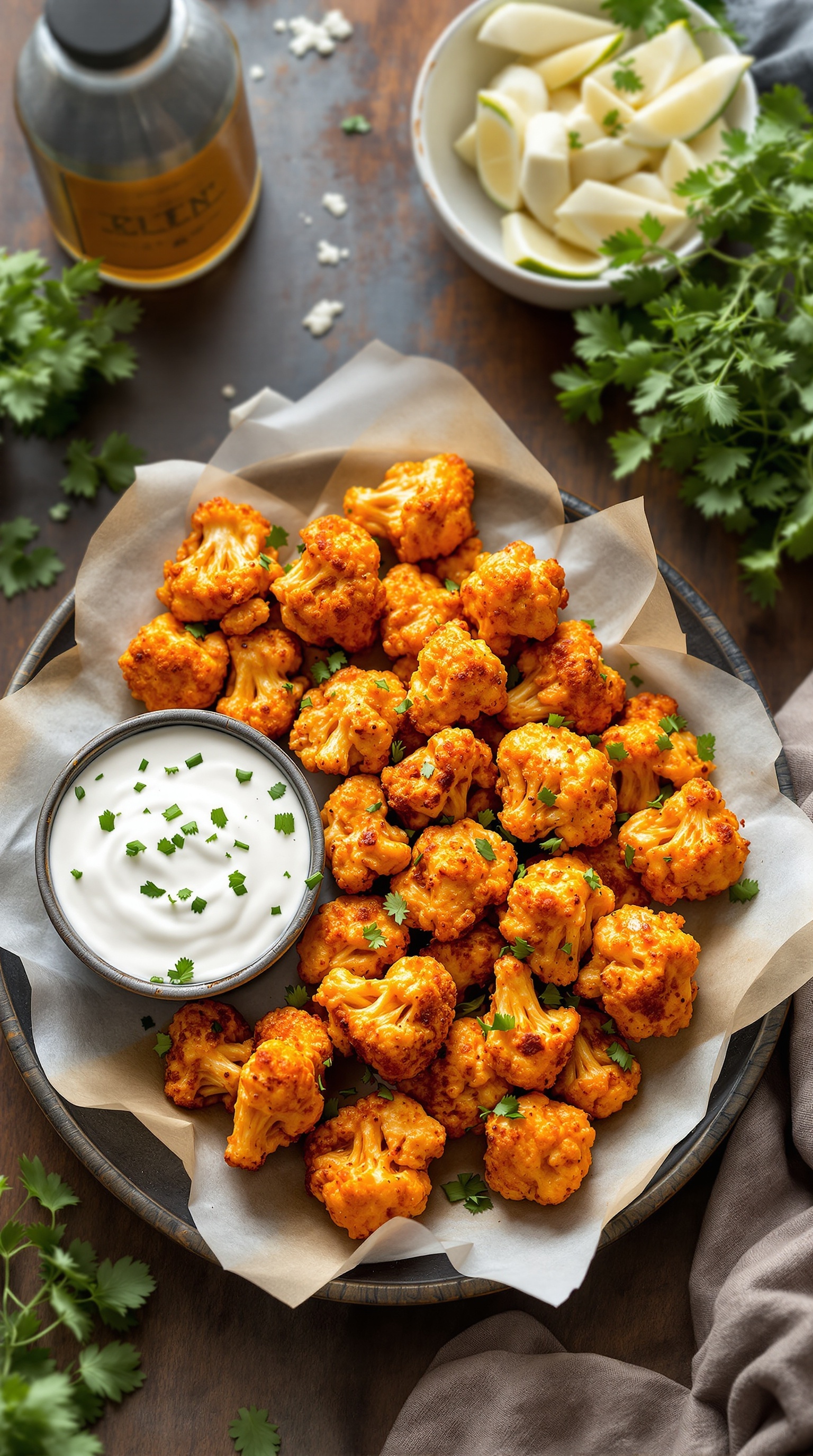A platter of crispy baked buffalo cauliflower with a creamy dip and garnished with cilantro.