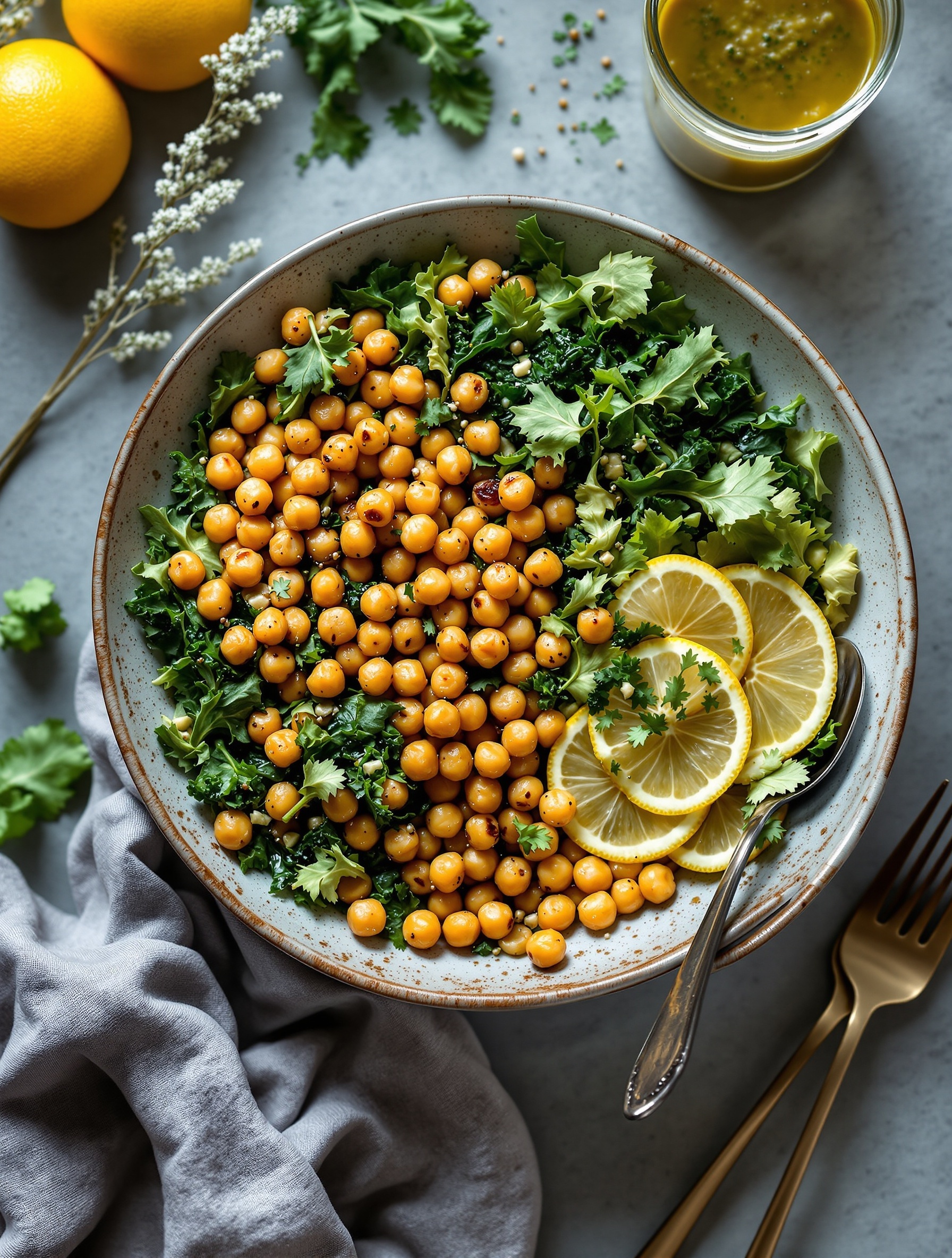 A bowl filled with crispy chickpeas, kale, and mixed greens, garnished with lemon slices and fresh herbs.