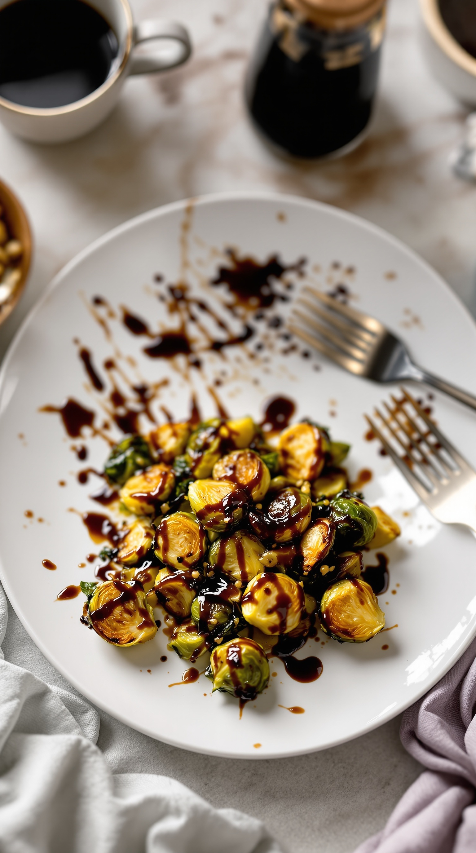 Crispy roasted Brussels sprouts drizzled with balsamic glaze on a white plate.