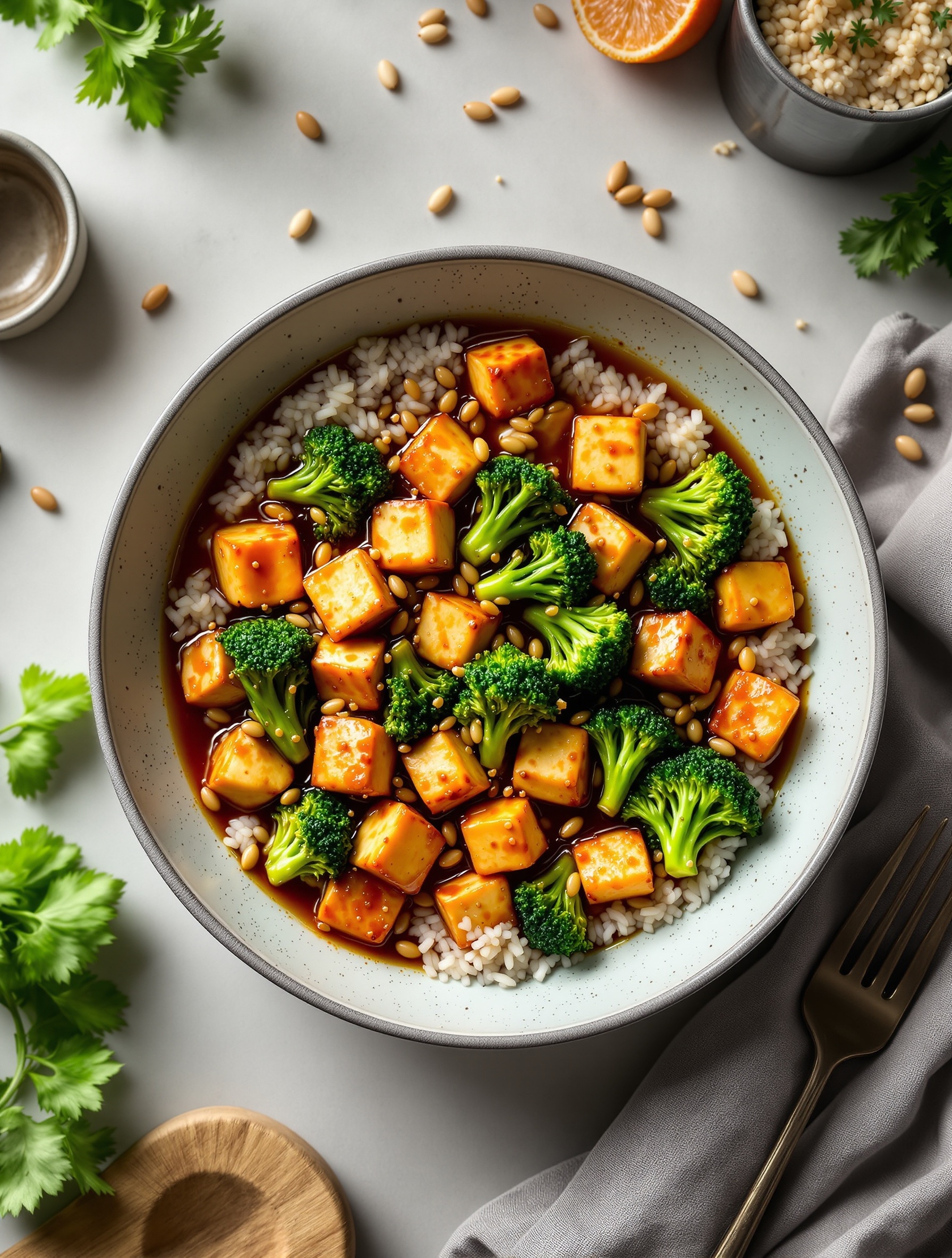 A vibrant bowl of crispy tofu and broccoli stir fry served over rice, garnished with sesame seeds and cilantro.