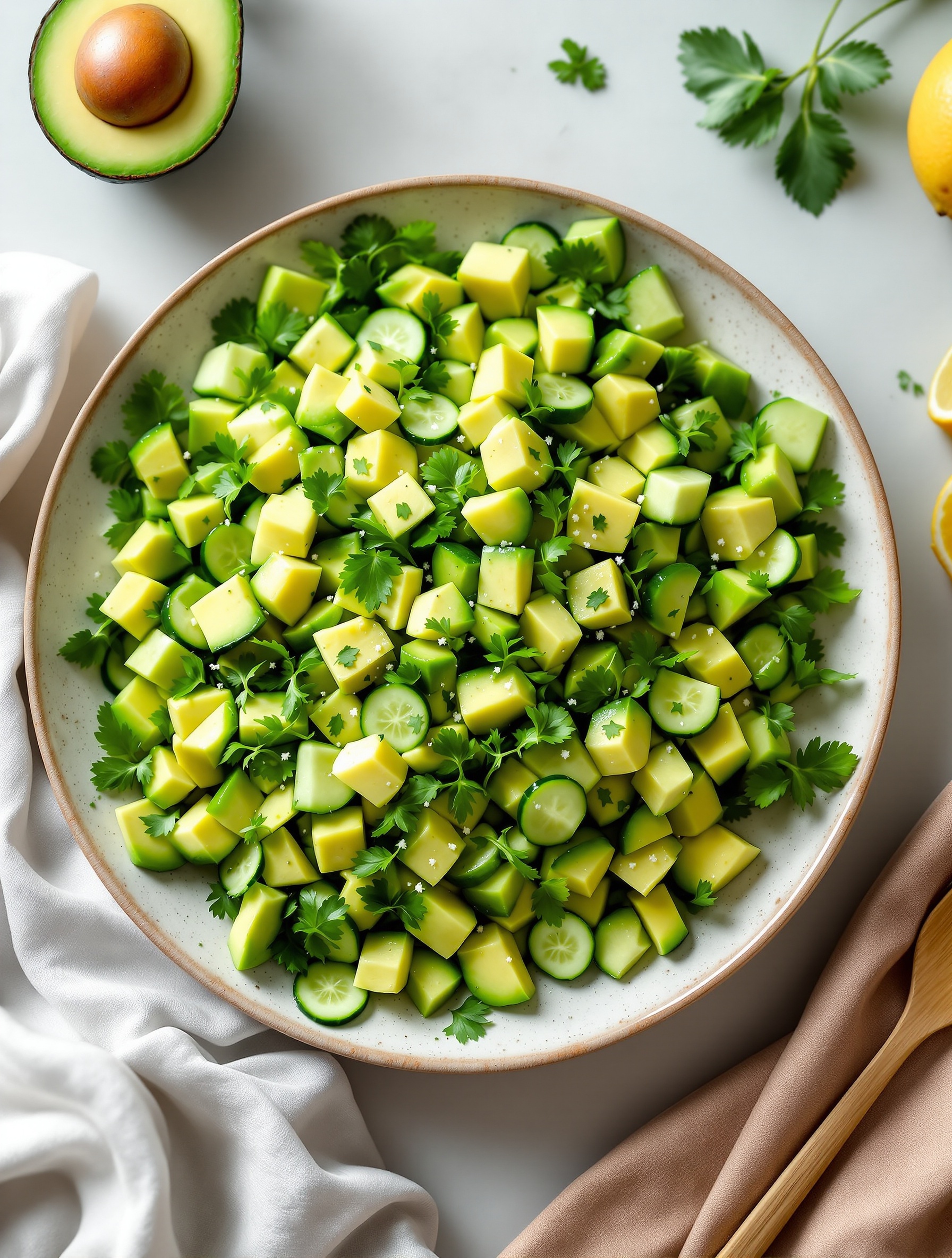 A vibrant cucumber and avocado salad with fresh cilantro, served in a bowl.
