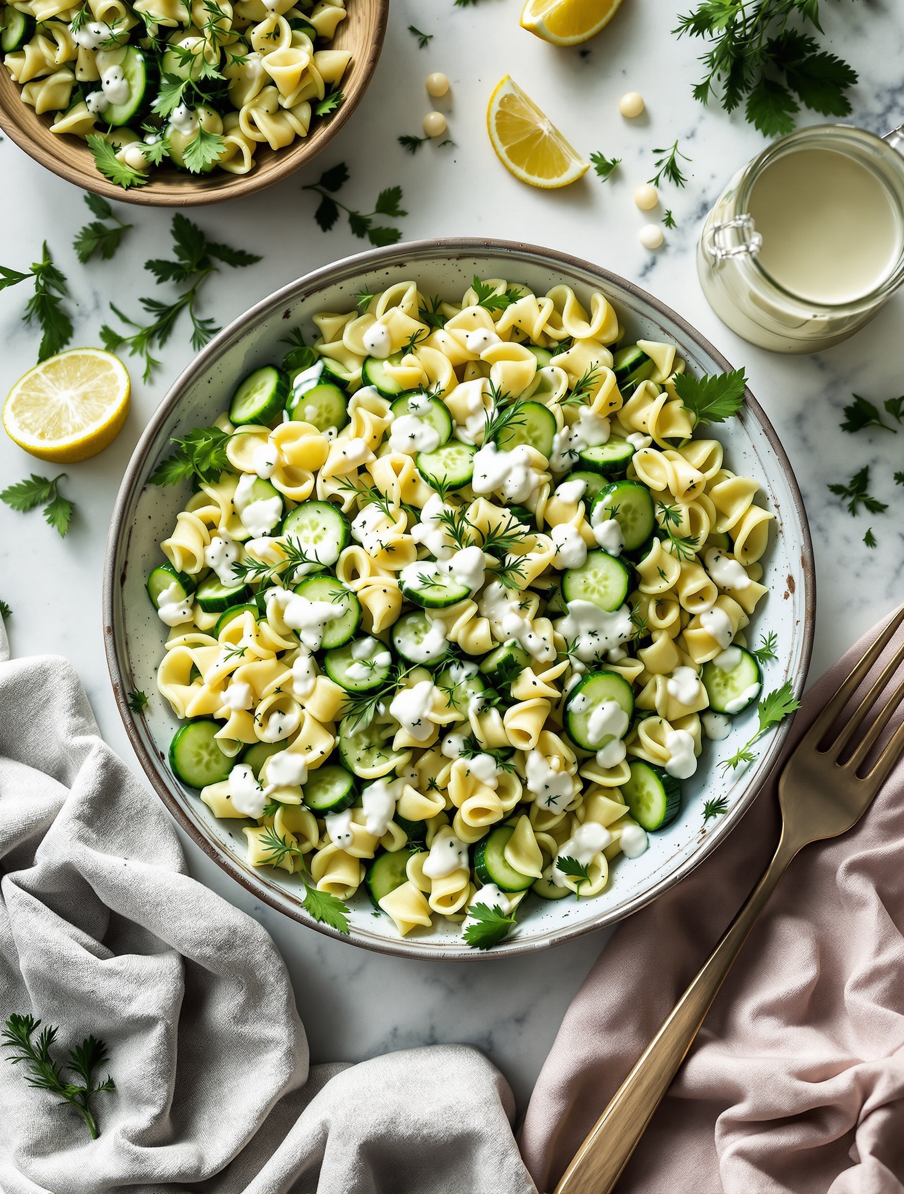 A vibrant bowl of Cucumber and Dill Pasta Salad with fresh ingredients and creamy dressing.