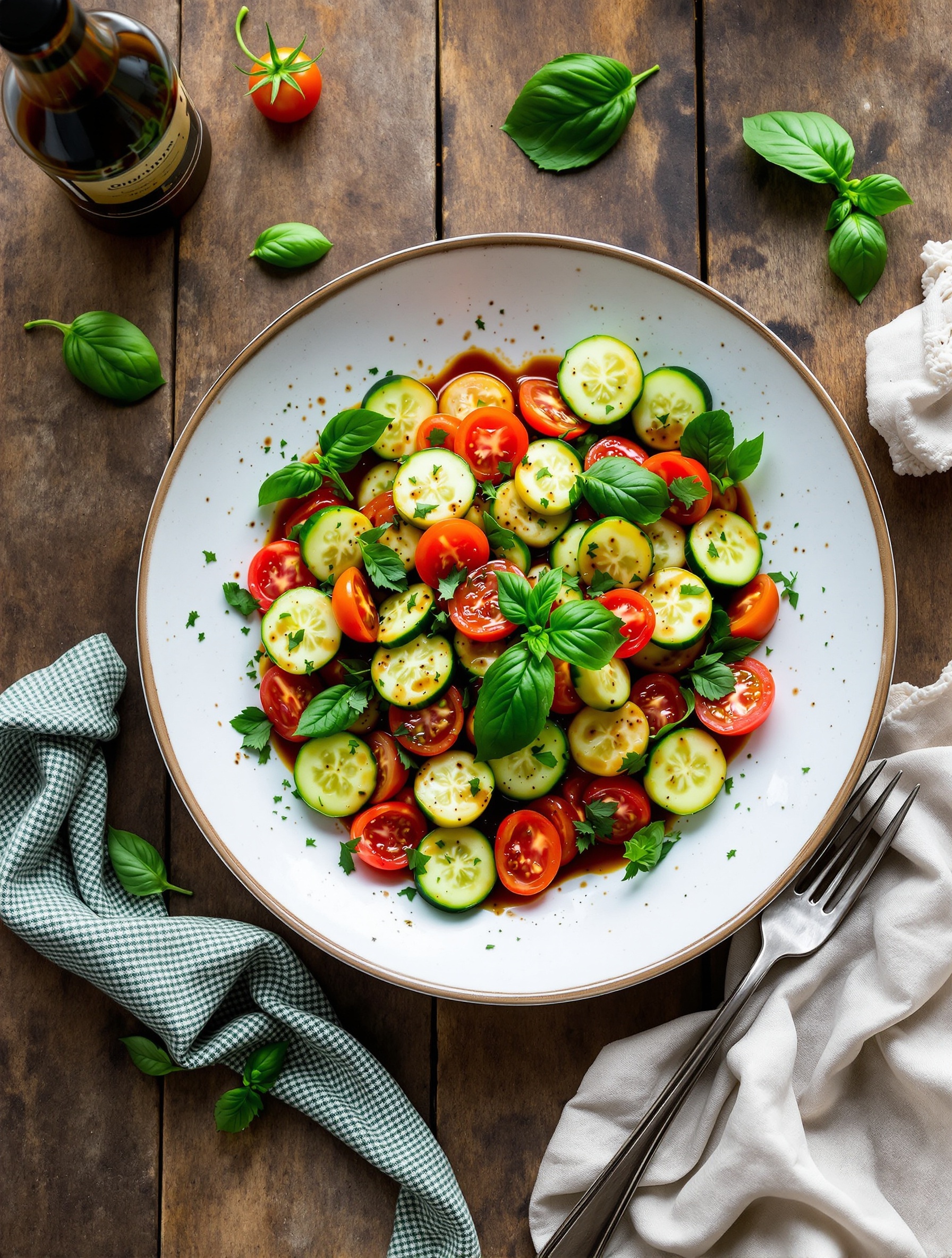 A colorful cucumber and tomato salad with fresh basil on a wooden table.