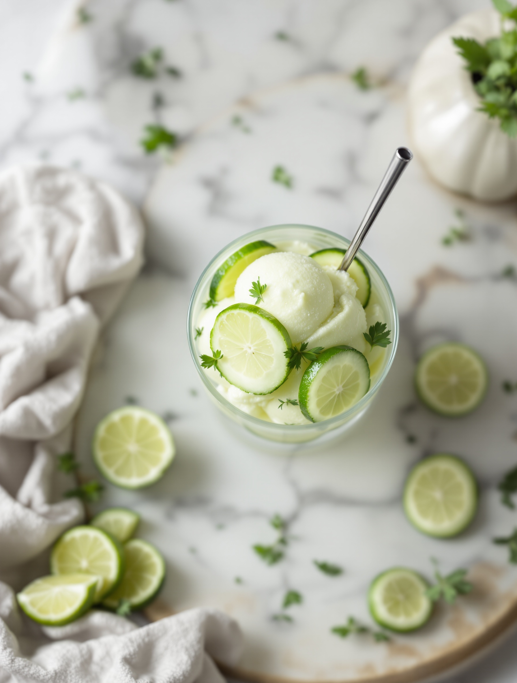 A refreshing cucumber lime sorbet topped with lime slices and garnished with fresh herbs.