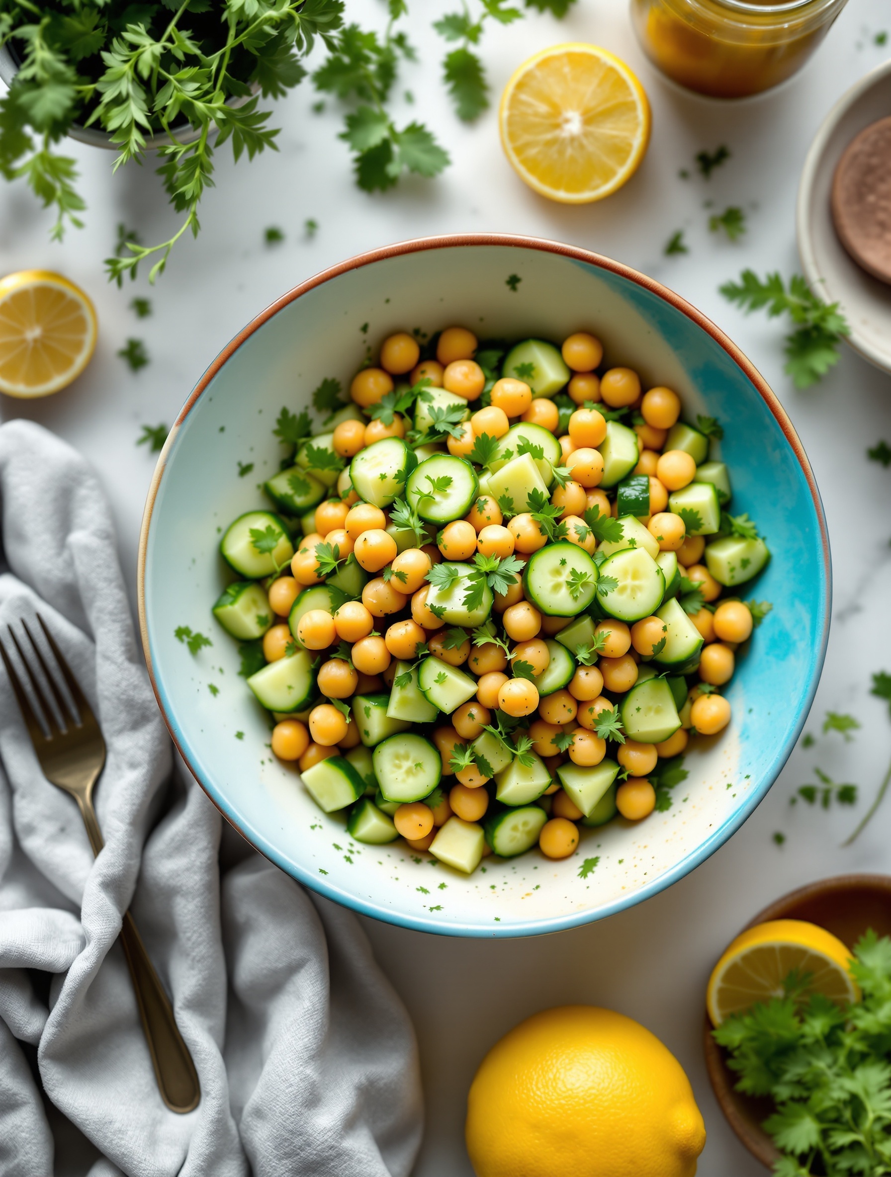 A vibrant cucumber salad with chickpeas, lemon, and fresh cilantro in a blue bowl.