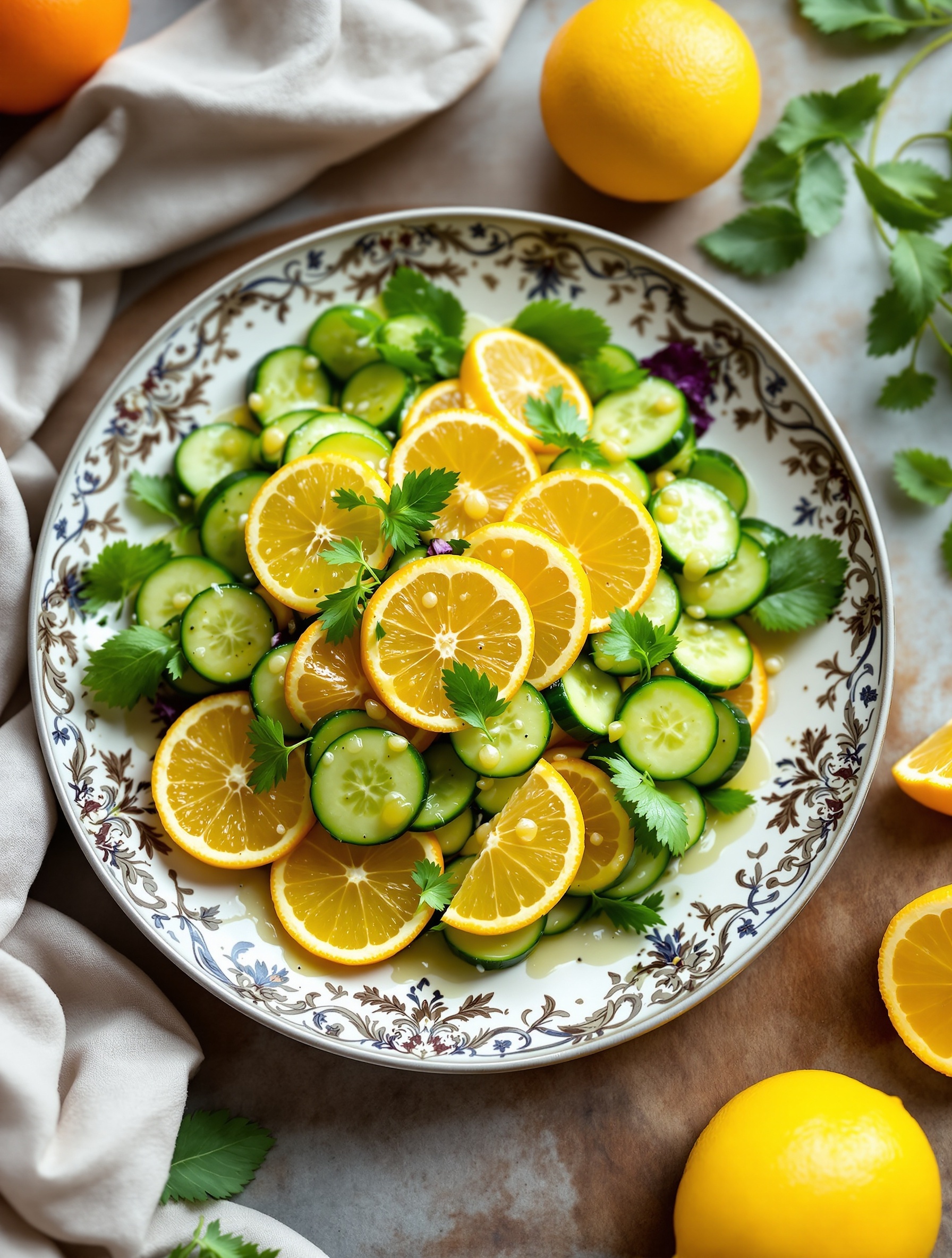 A vibrant cucumber salad with citrus dressing, featuring sliced cucumbers and oranges on a decorative plate.