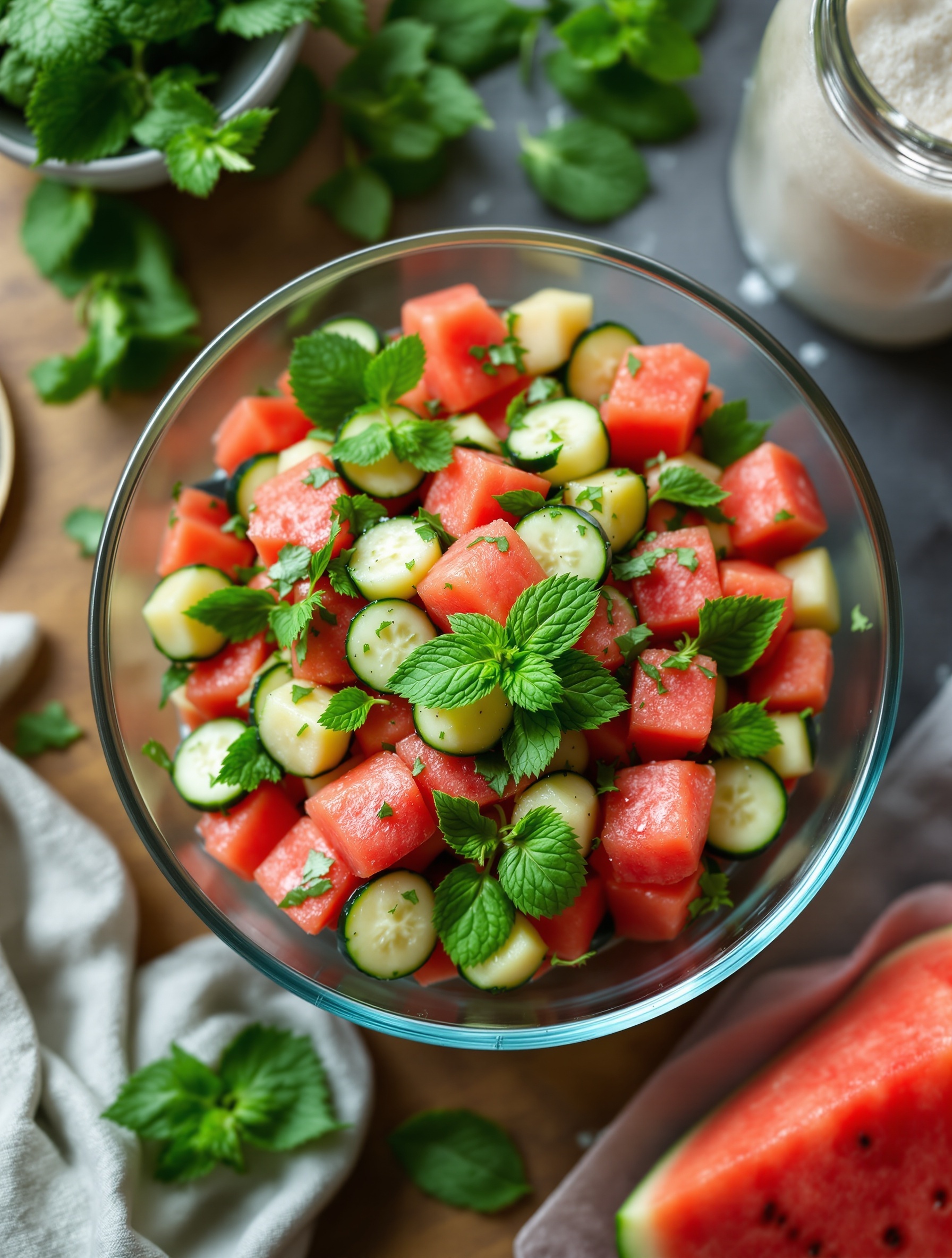 A refreshing cucumber salad with watermelon and mint in a glass bowl, garnished with fresh mint leaves.