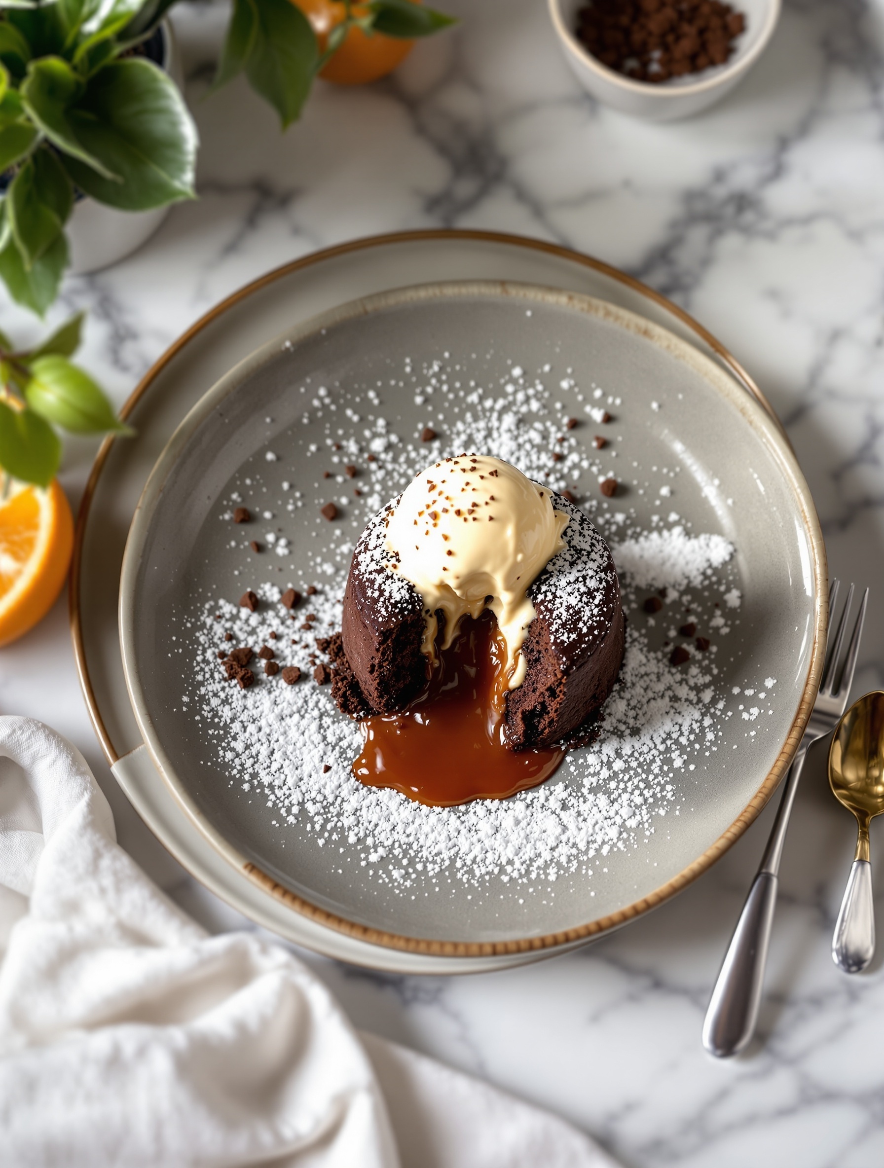 A beautifully plated chocolate lava cake with a scoop of vanilla ice cream on top, surrounded by powdered sugar and chocolate shavings.