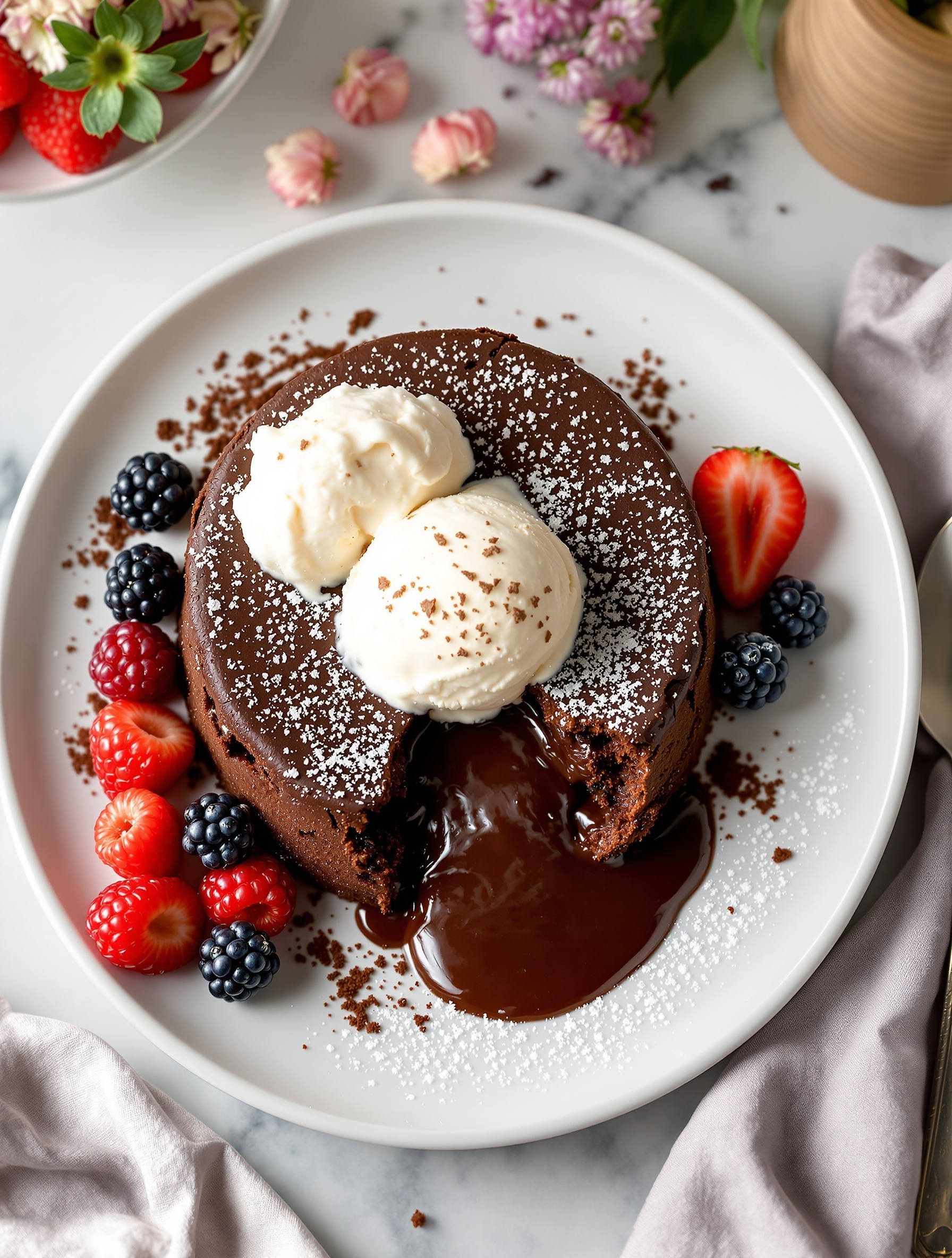 A plate of chocolate lava cake with melting chocolate center, topped with ice cream and fresh berries.