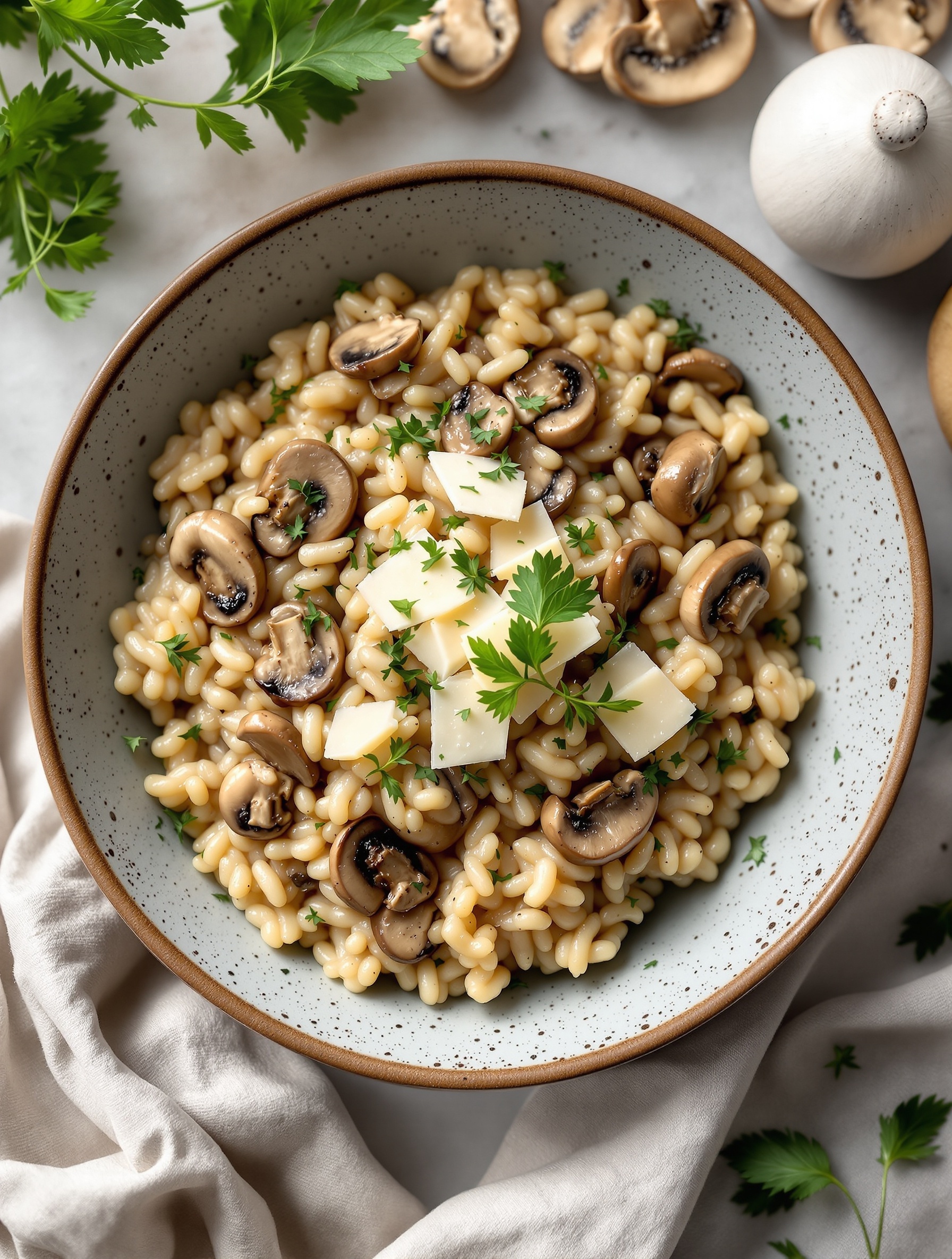 A bowl of creamy mushroom risotto topped with parsley and cheese, surrounded by fresh mushrooms and herbs.