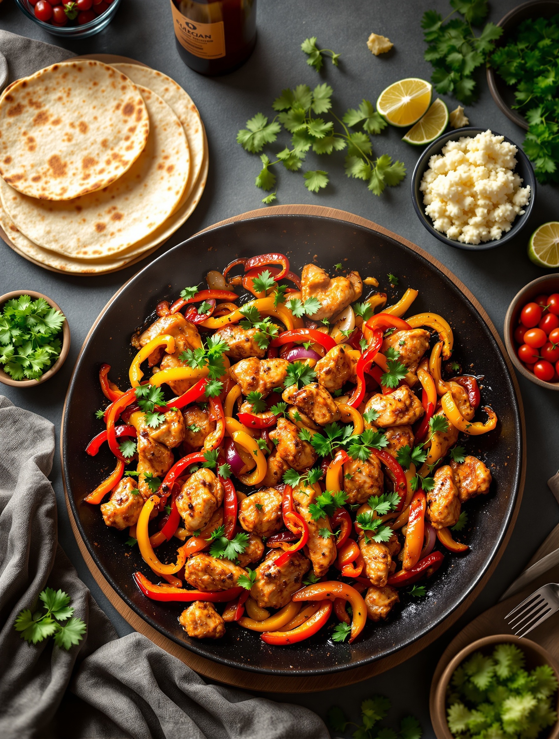 A colorful plate of chicken fajitas with bell peppers, garnished with cilantro, alongside tortillas and fresh ingredients.