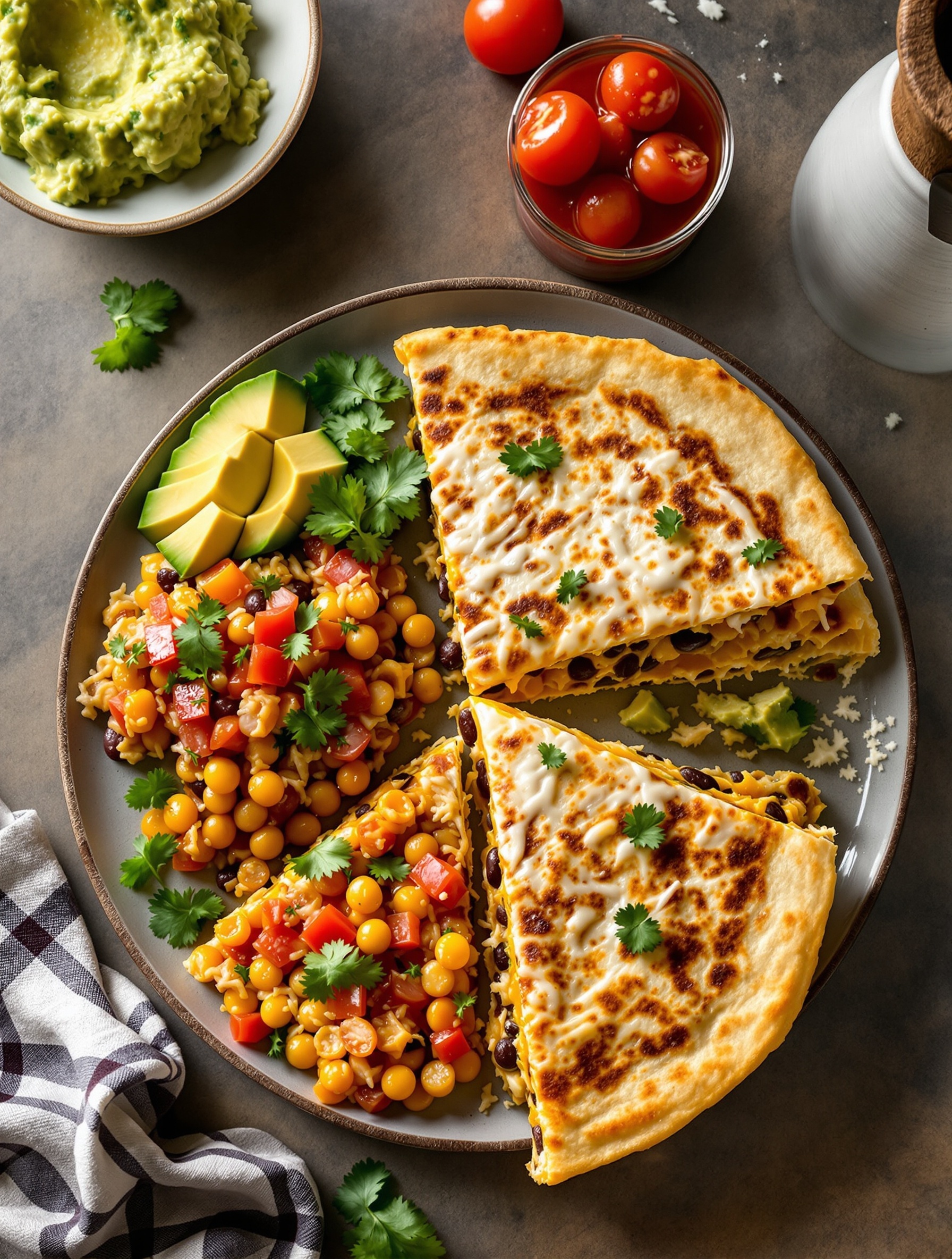 A plate of quesadilla with cheese and beans, accompanied by a colorful bean salad, guacamole, and cherry tomatoes.