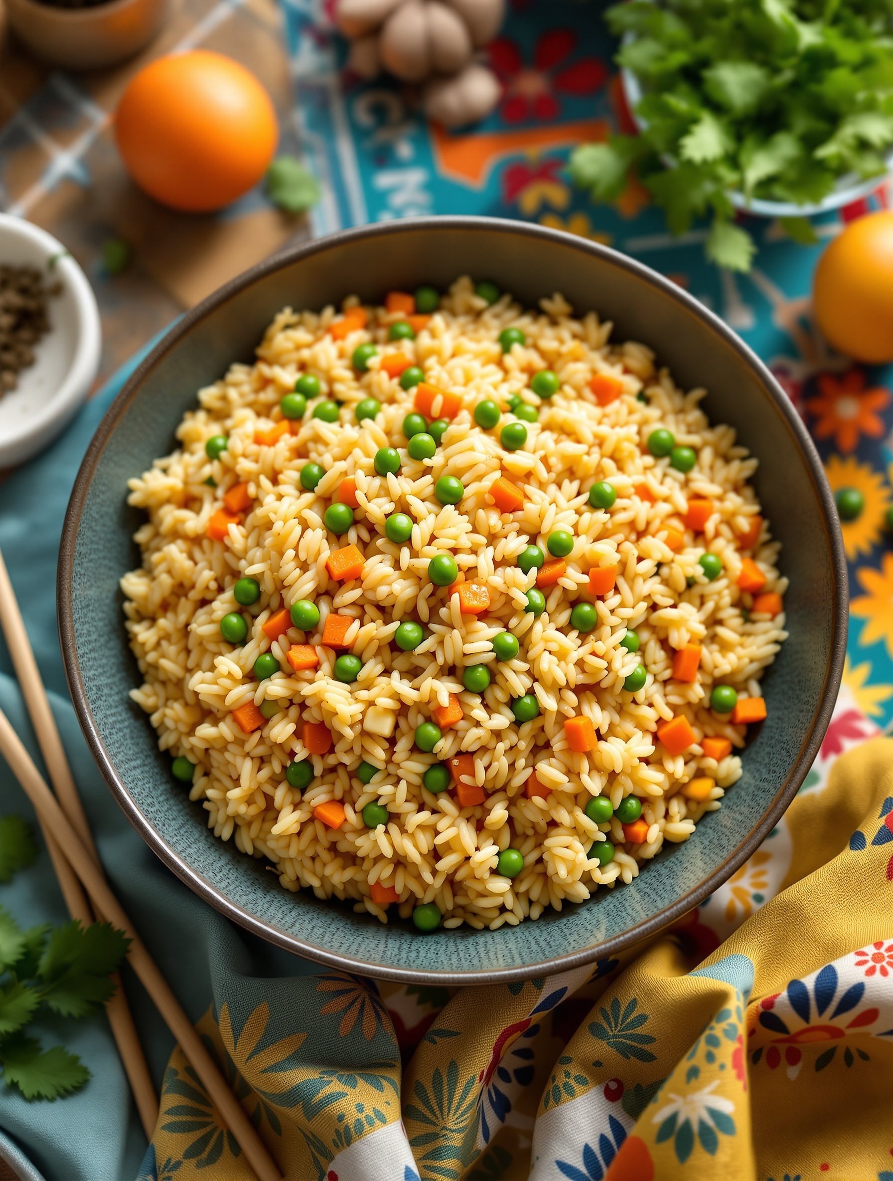 A bowl of egg fried rice with peas and carrots, garnished with fresh herbs.