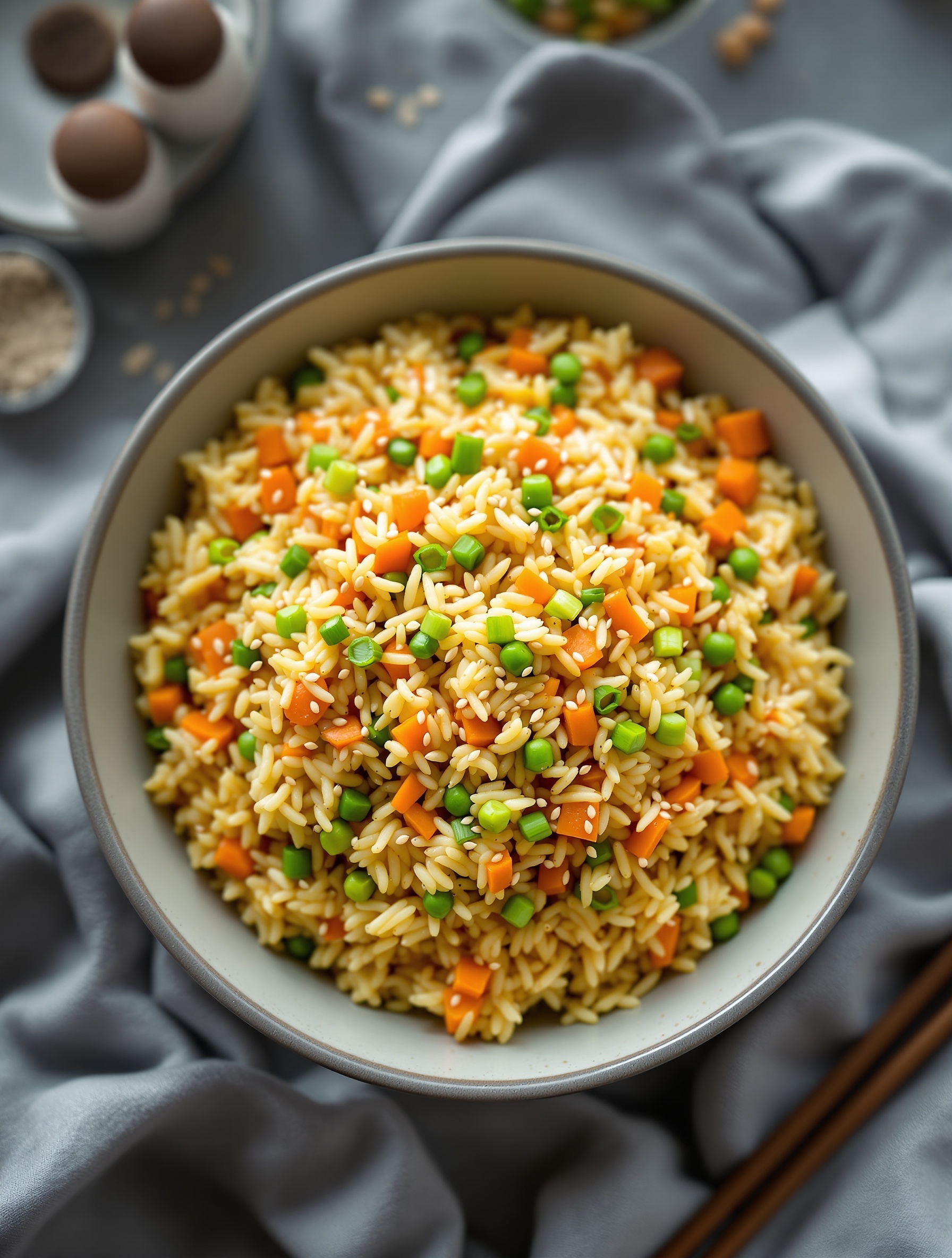 A bowl of egg fried rice with peas and carrots, garnished with green onions.