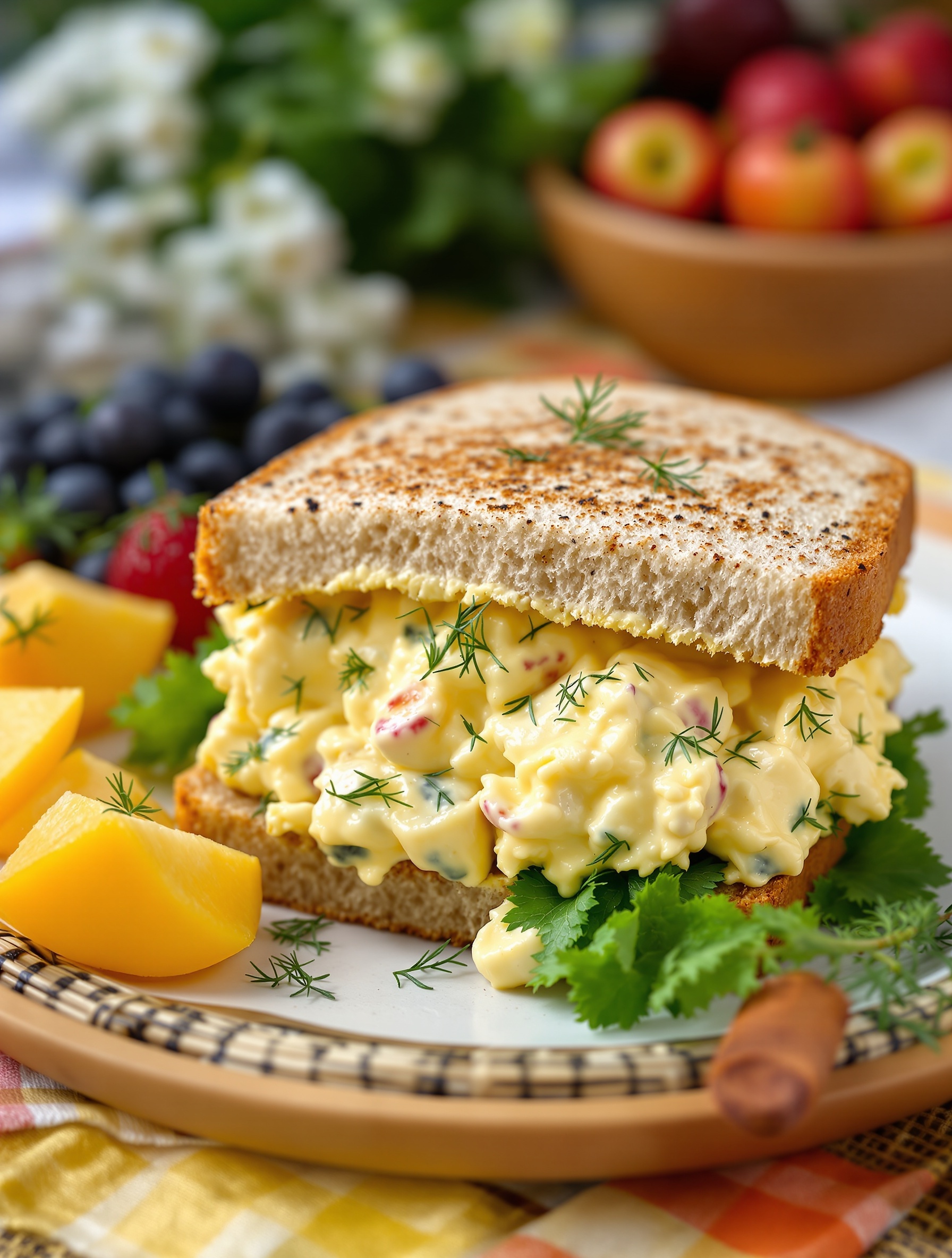 A delicious egg salad sandwich with dill on toasted bread, surrounded by fresh fruits.