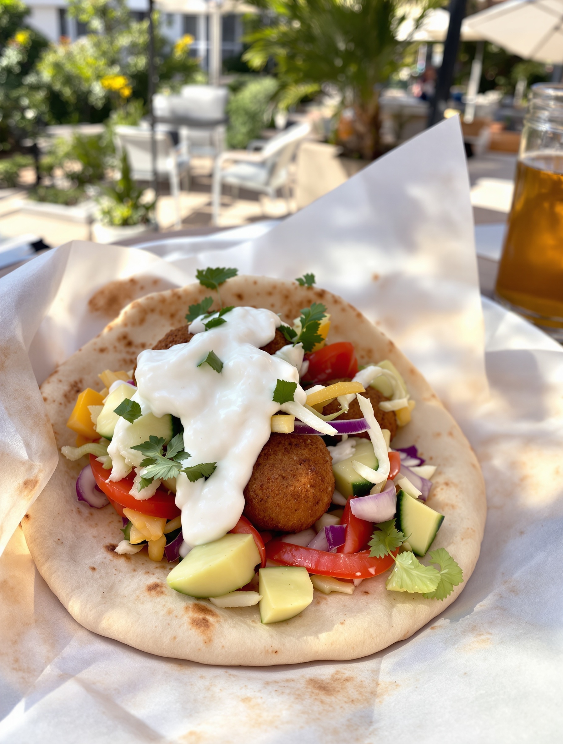 A falafel pita filled with fresh vegetables and tzatziki sauce.