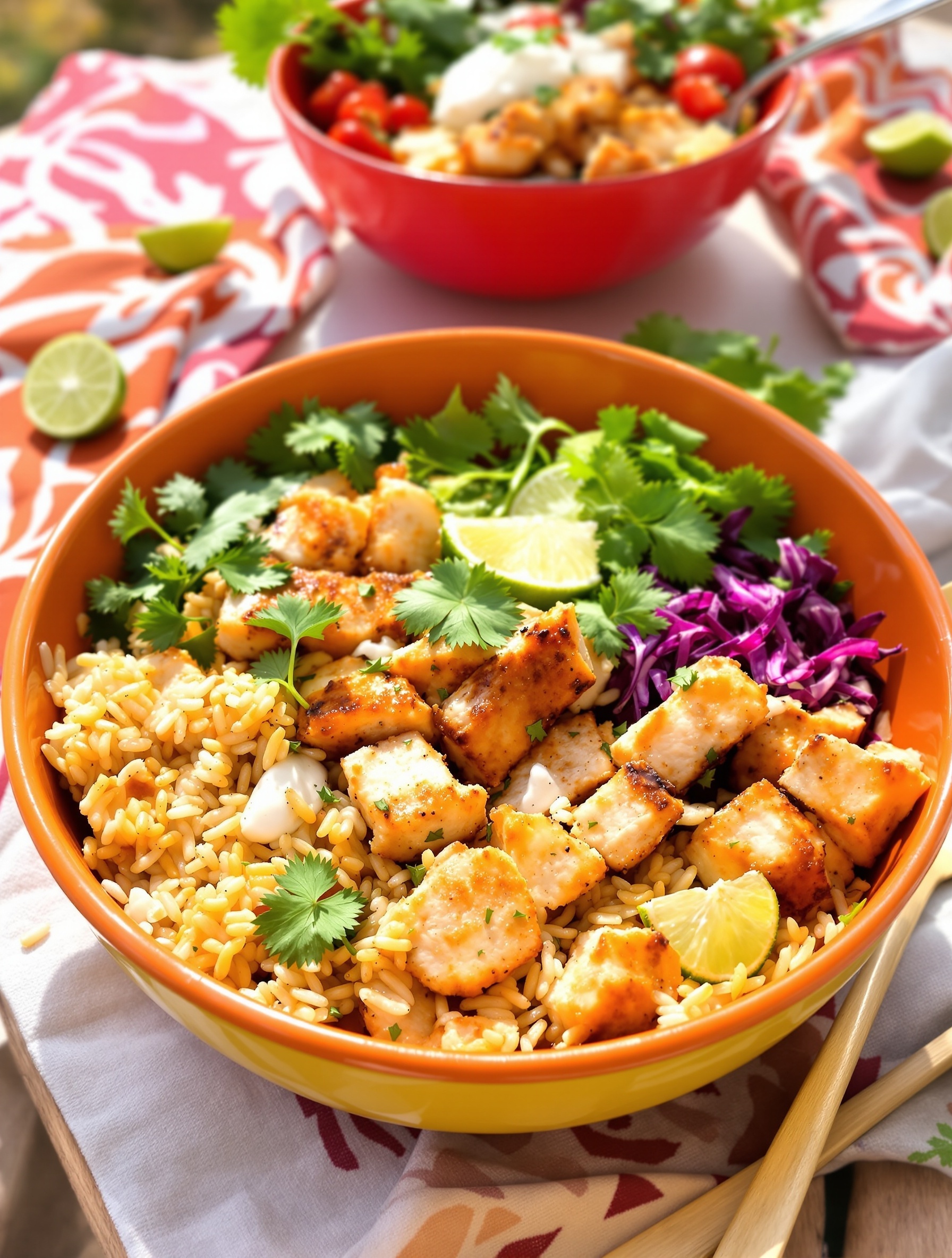 A colorful fish taco bowl with cilantro lime rice, topped with fresh cilantro and lime slices.