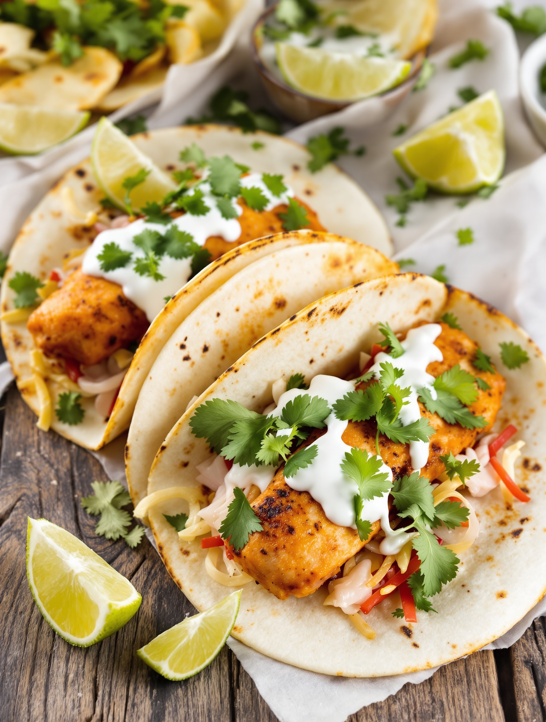 Delicious fish tacos with cilantro cream, garnished with fresh cilantro and lime wedges.