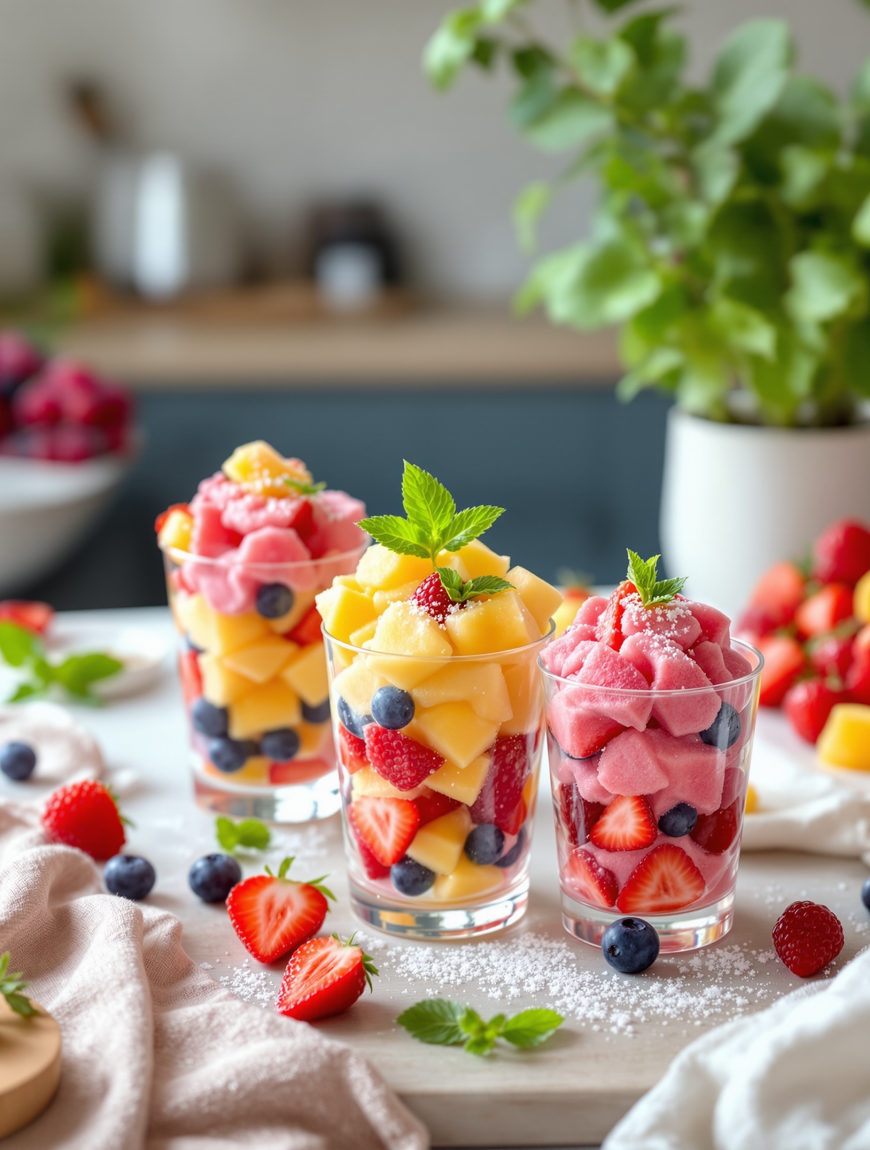 Colorful frozen fruit salad cups with strawberries, blueberries, and mangoes, garnished with mint leaves.