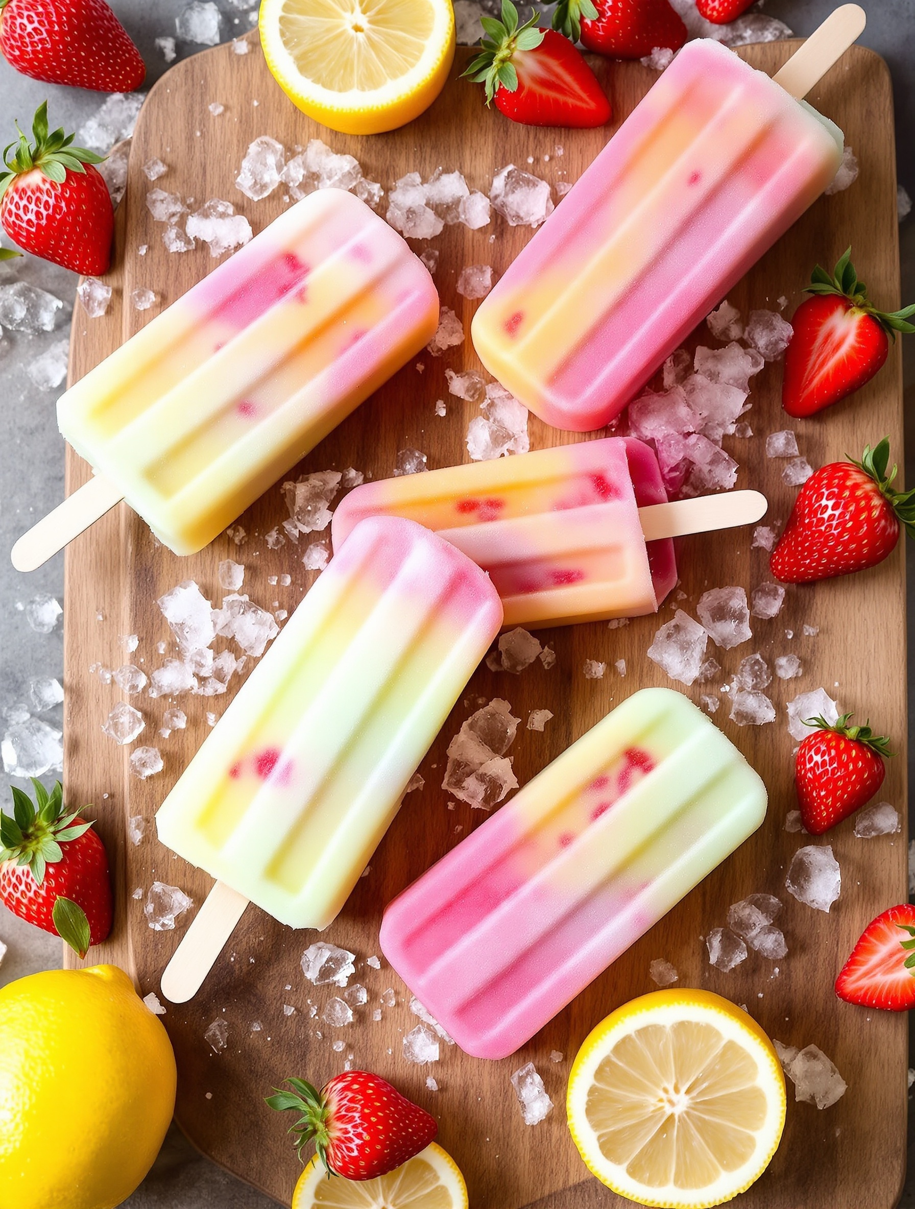 Colorful frozen strawberry lemonade pops on a wooden board with fresh strawberries and lemon slices.