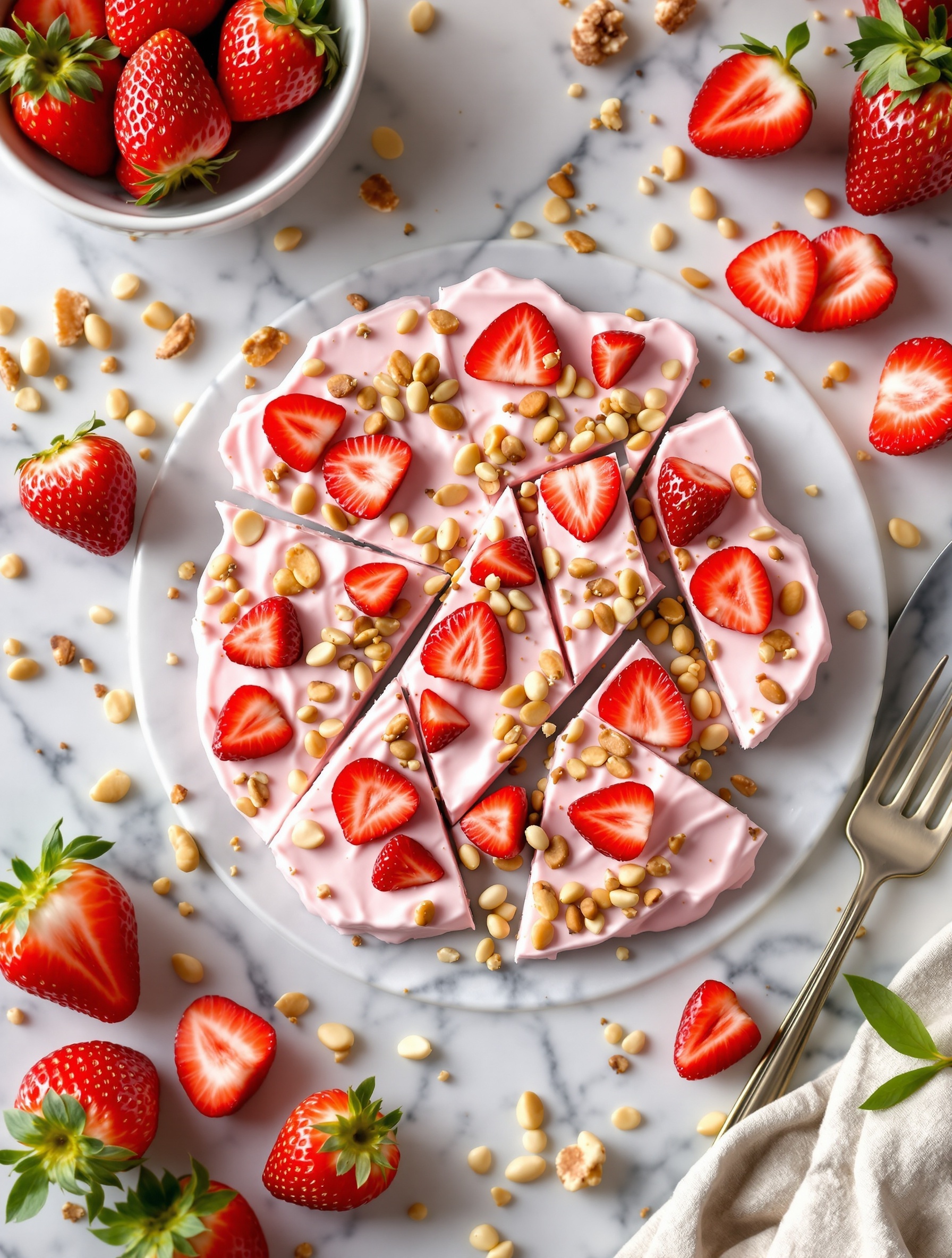 A delicious plate of frozen strawberry yogurt bark topped with fresh strawberries and nuts, surrounded by whole strawberries.
