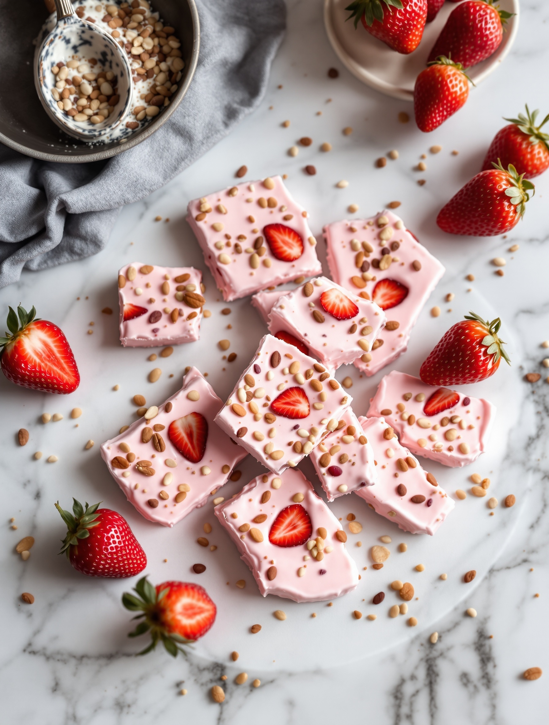 Frozen strawberry yogurt bark topped with fresh strawberries and nuts on a marble surface.