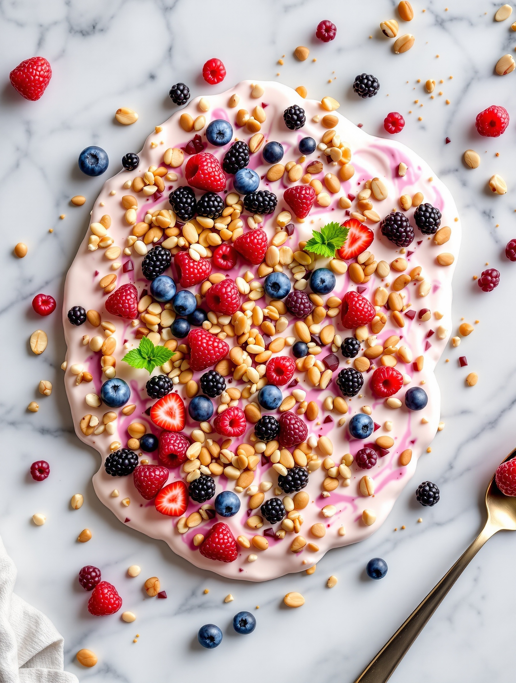 Frozen yogurt bark topped with berries and nuts on a marble surface