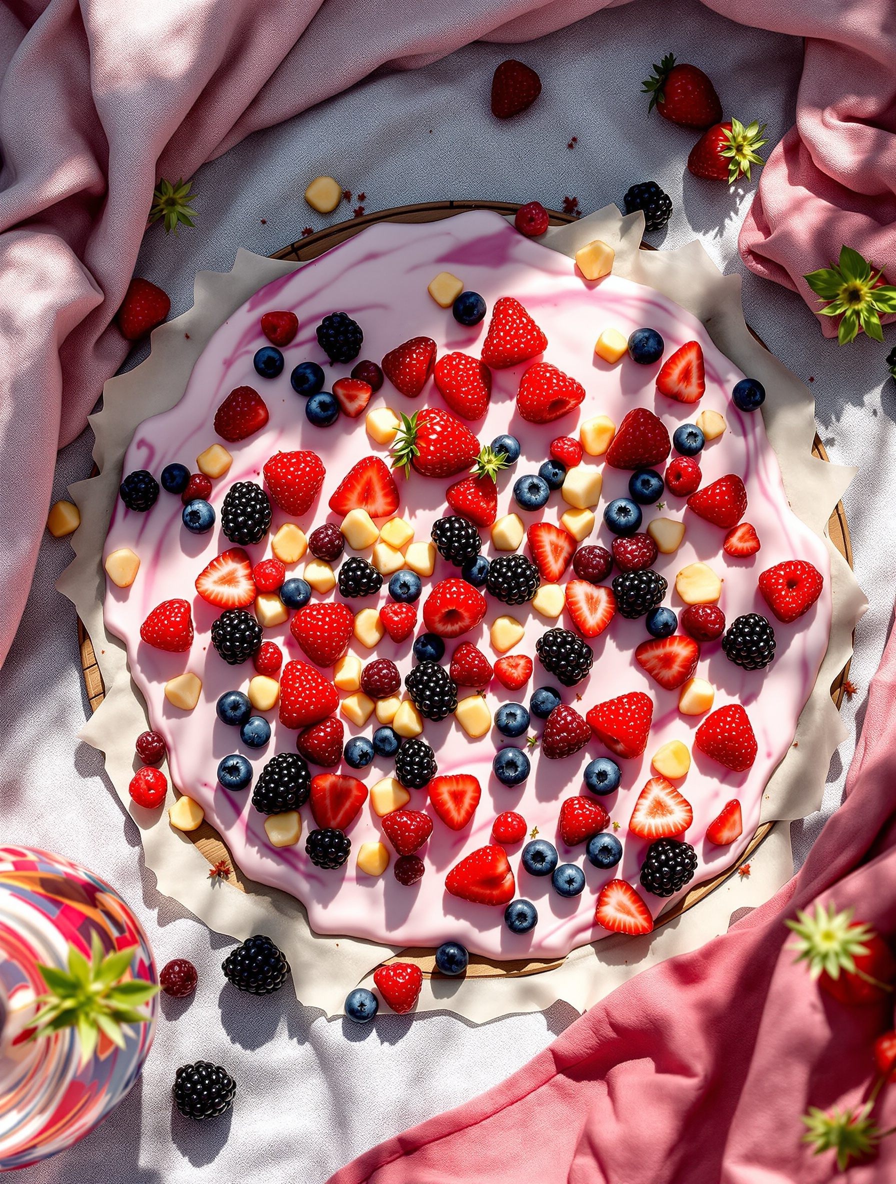 A colorful frozen yogurt bark topped with various berries and placed on a light fabric.