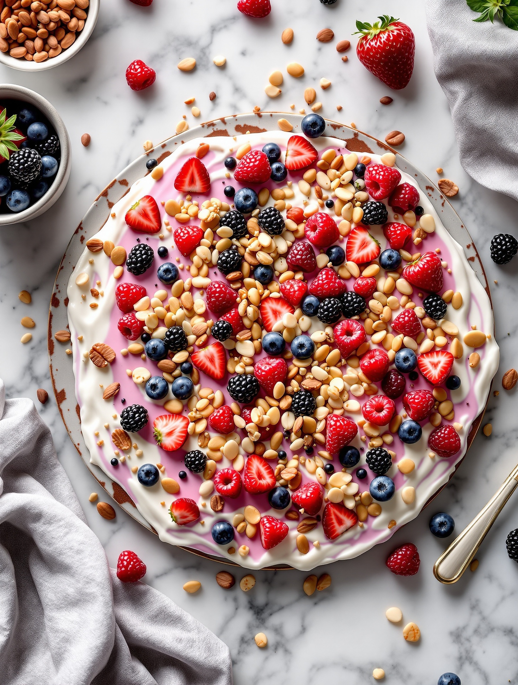 A plate of frozen yogurt bark topped with berries and nuts, surrounded by bowls of berries and a gray cloth.