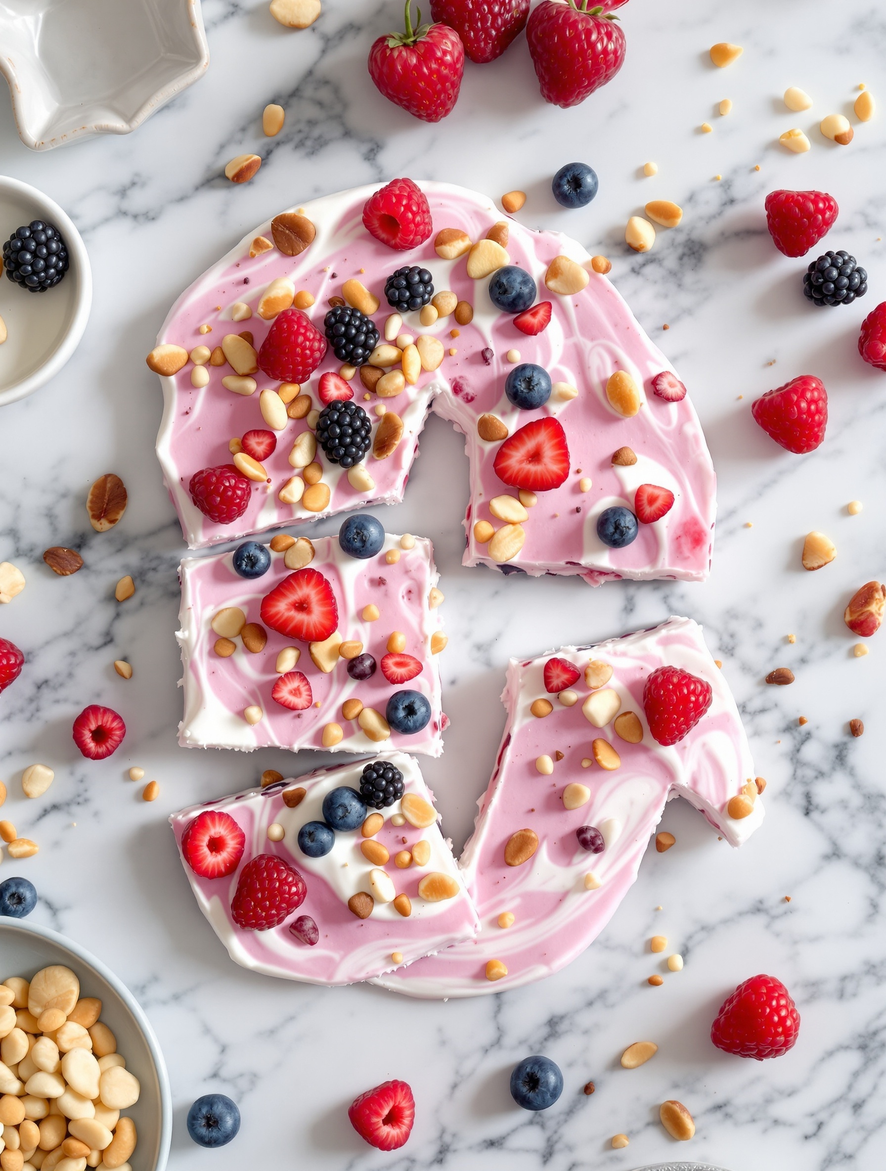 Frozen yogurt bark topped with mixed berries and nuts on a marble surface