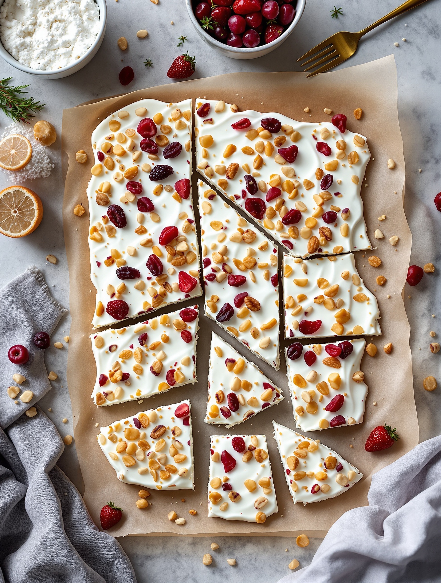 Frozen yogurt bark topped with nuts and berries, cut into pieces on parchment paper.