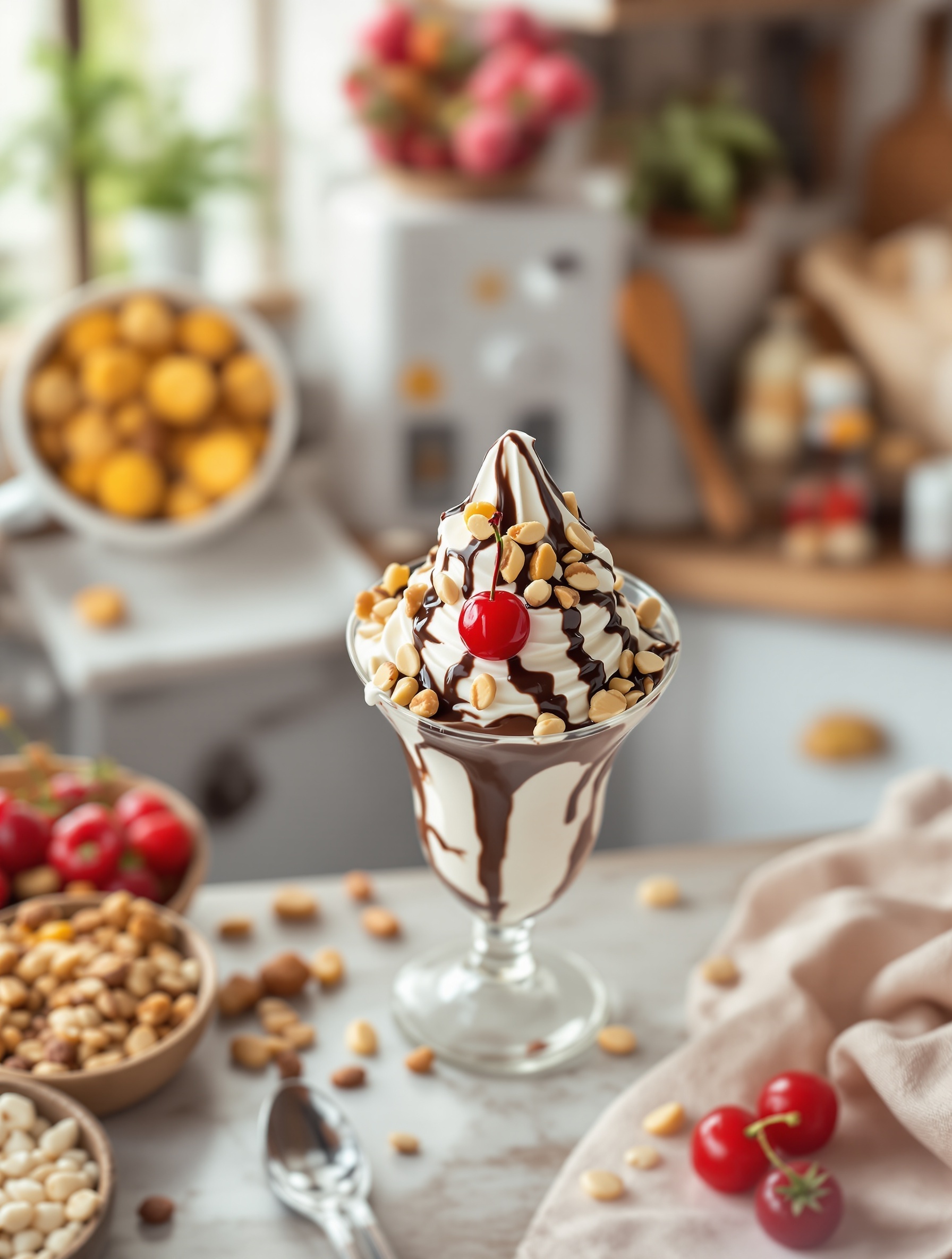 A delicious frozen yogurt sundae topped with chocolate syrup, peanuts, and a cherry.