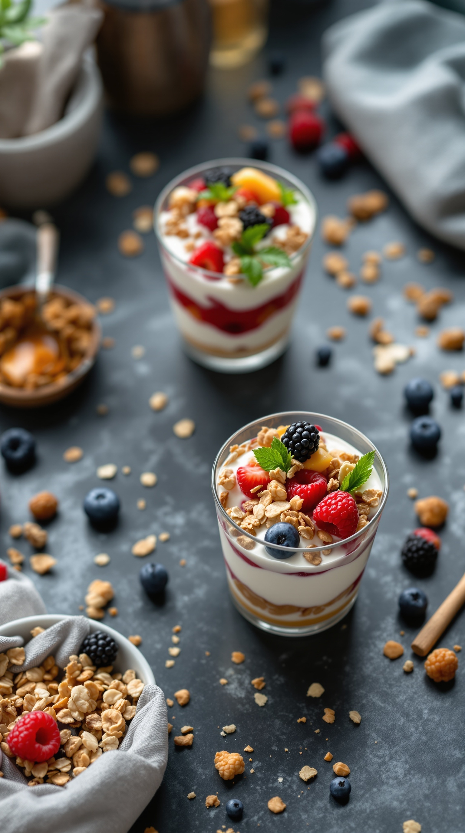 Fruit and yogurt parfait cups with berries and granola