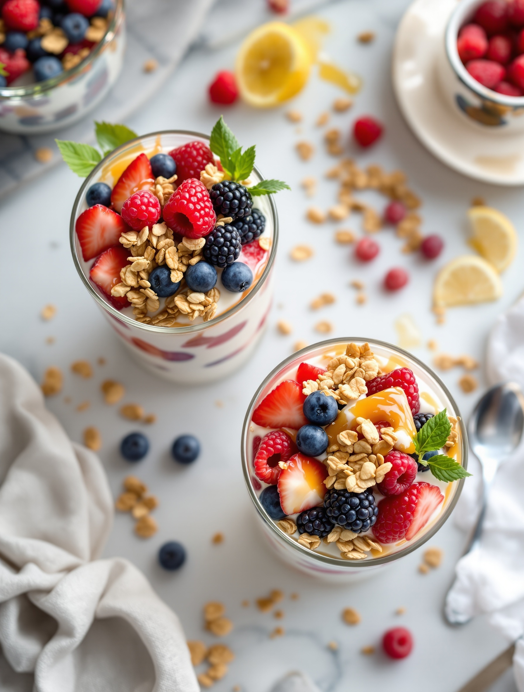 Two fruit and yogurt parfaits topped with berries and granola