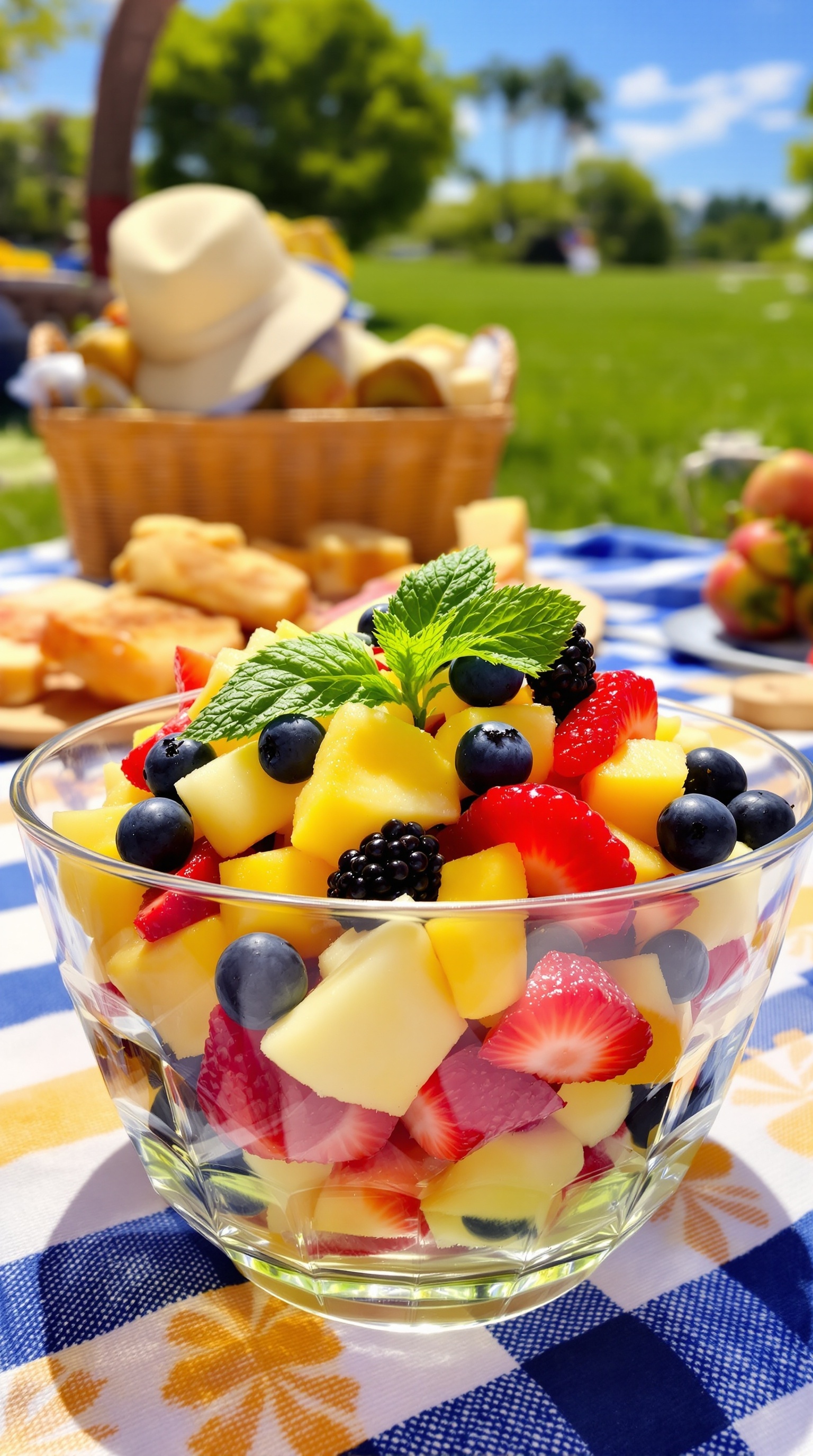 A bowl of colorful fruit salad with strawberries, blueberries, and mango, garnished with mint, set against a sunny outdoor background.
