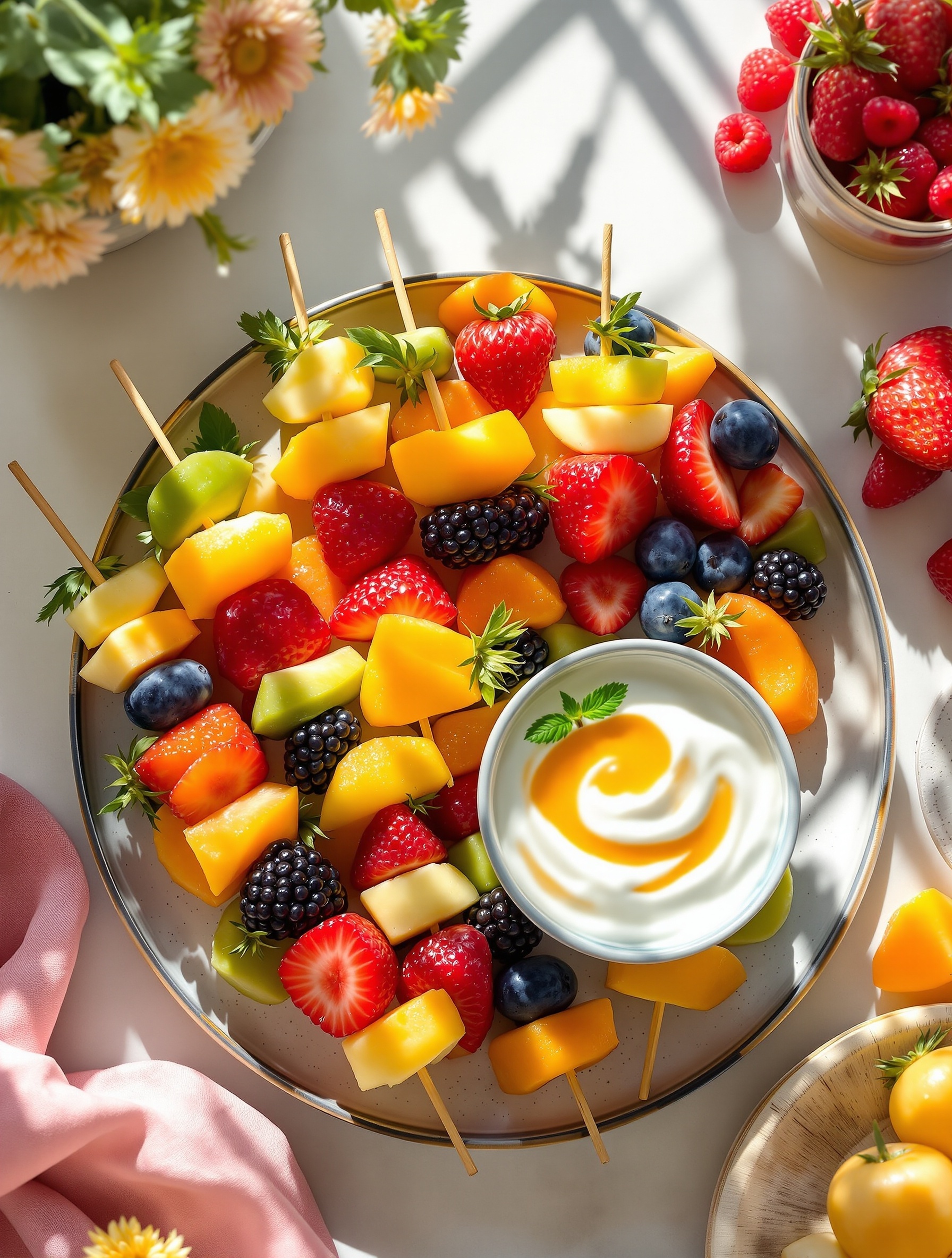 Colorful fruit skewers with honey yogurt dip on a platter