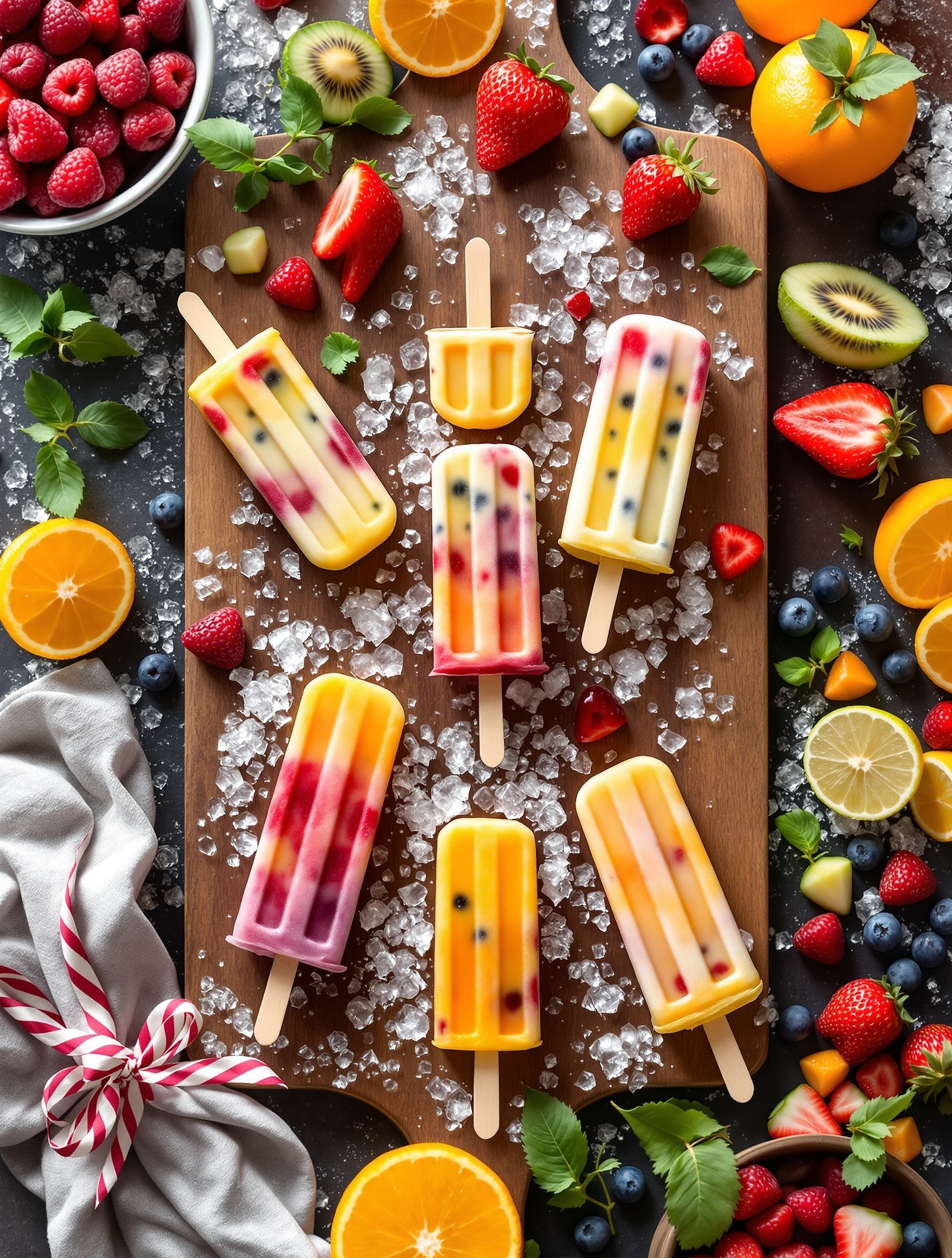 A colorful display of fruity popsicles on a wooden board with crushed ice and fresh berries.
