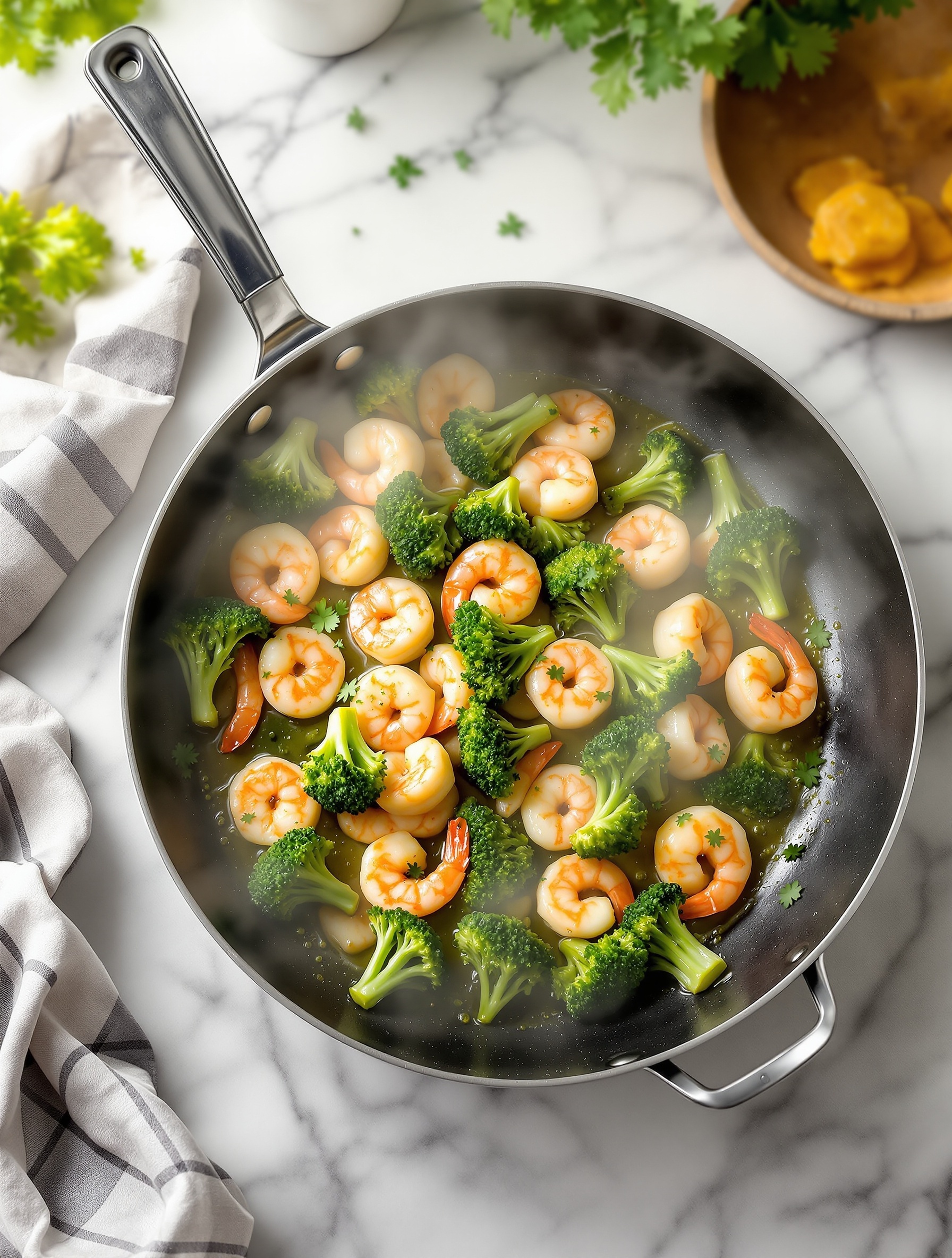 A skillet filled with garlic butter shrimp and broccoli, showcasing a delicious stir-fry.