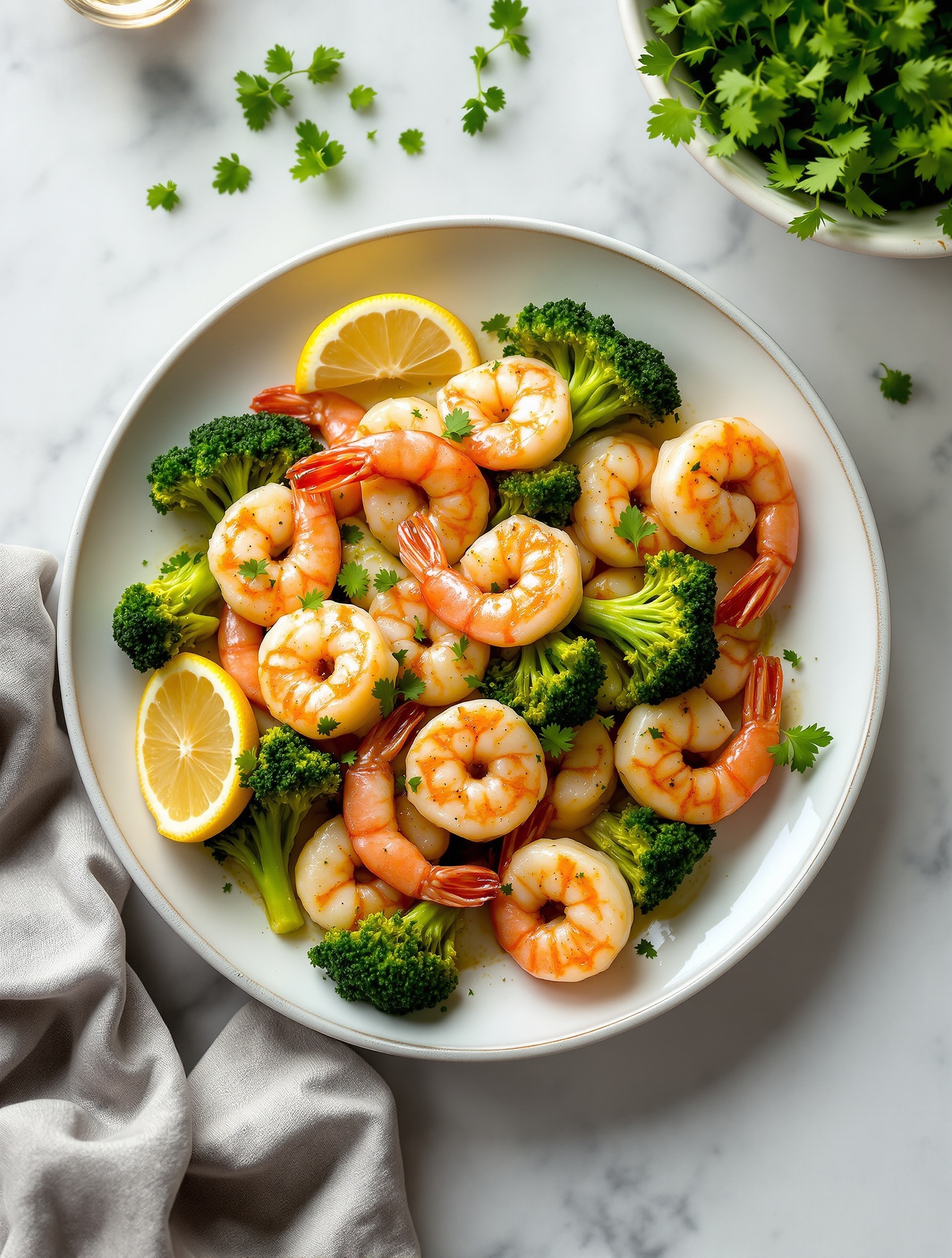 A plate of garlic butter shrimp and broccoli with lemon slices and fresh parsley.