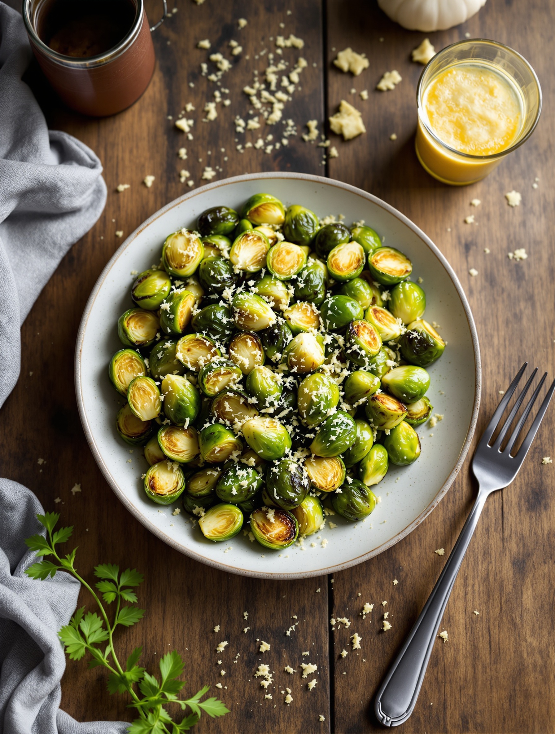 A plate of Garlic Parmesan Air Fryer Brussels Sprouts garnished with cheese on a wooden table.