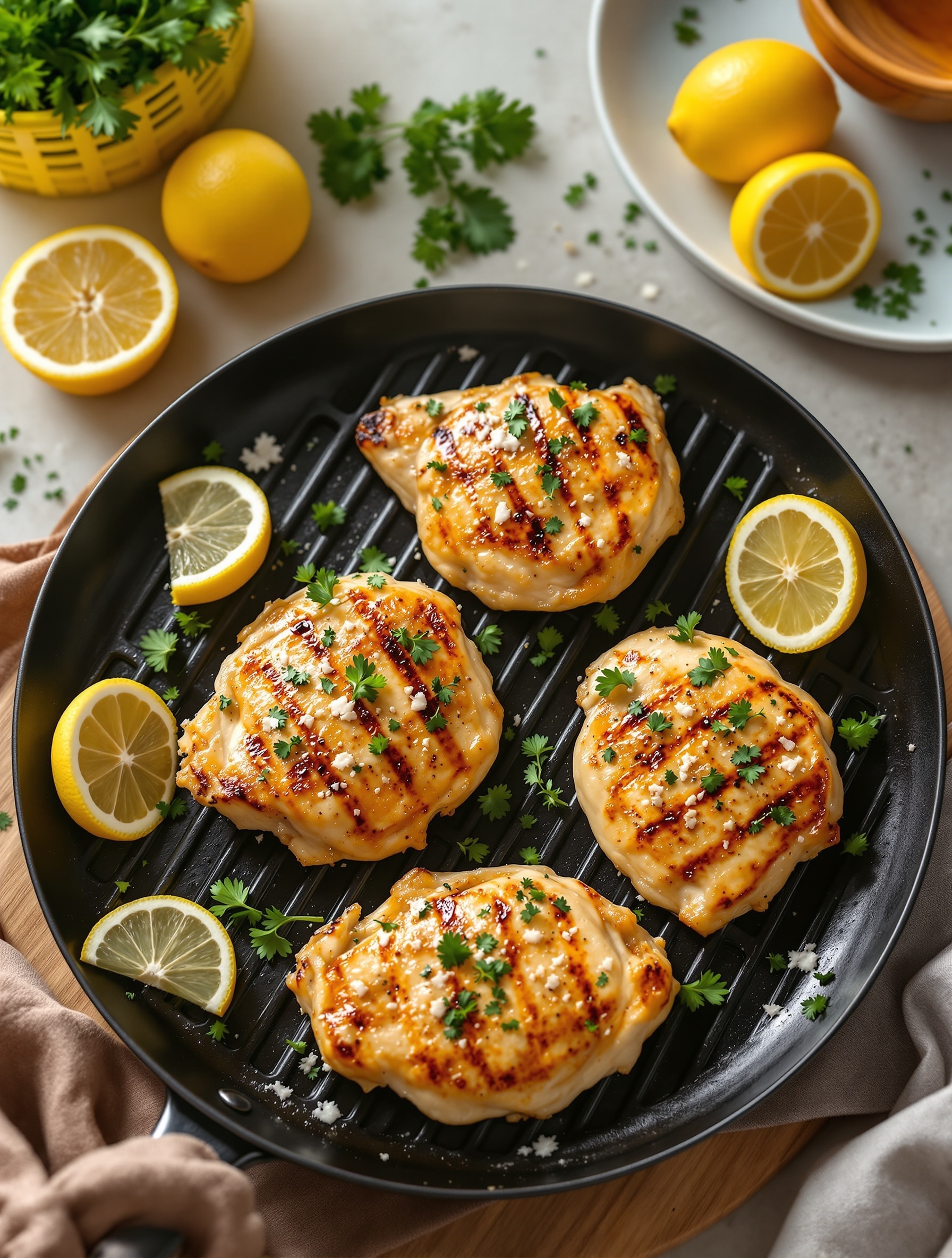 Grilled chicken thighs garnished with parsley and lemon slices on a grill pan.