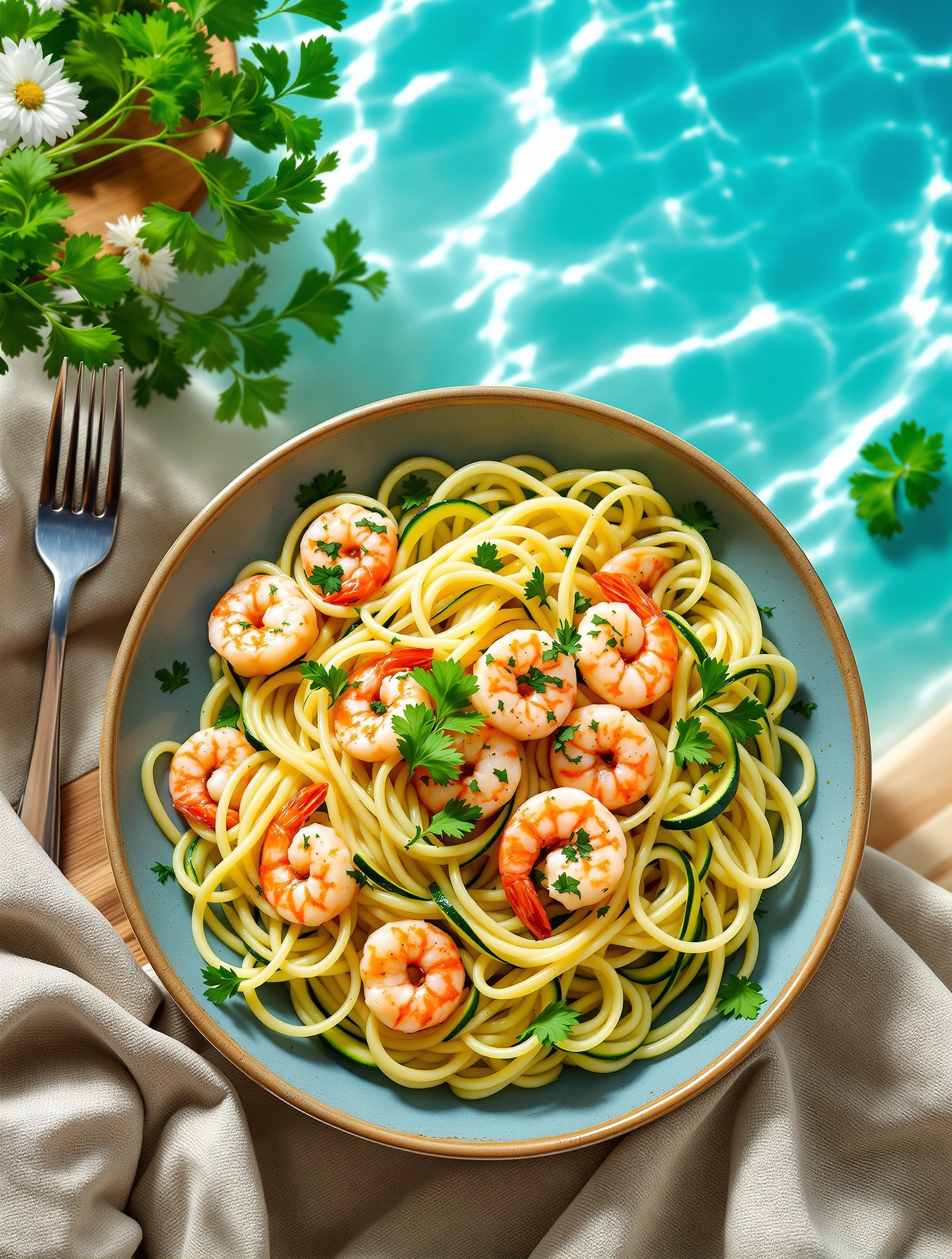 A bowl of Garlic Shrimp Linguine with Zucchini Noodles, garnished with fresh herbs, set against a sunny pool background.