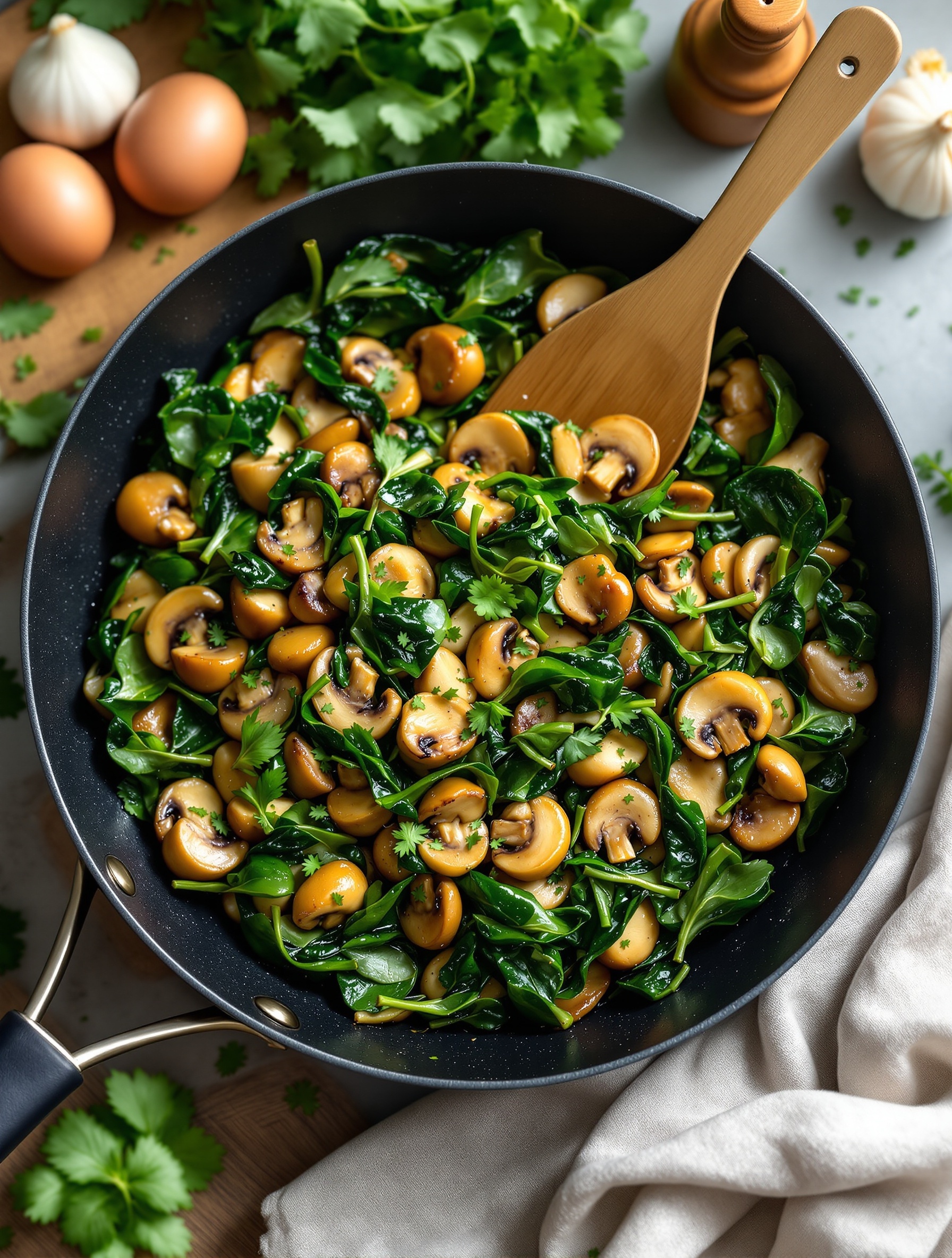 A colorful garlic spinach and mushroom medley in a skillet, garnished with cilantro.