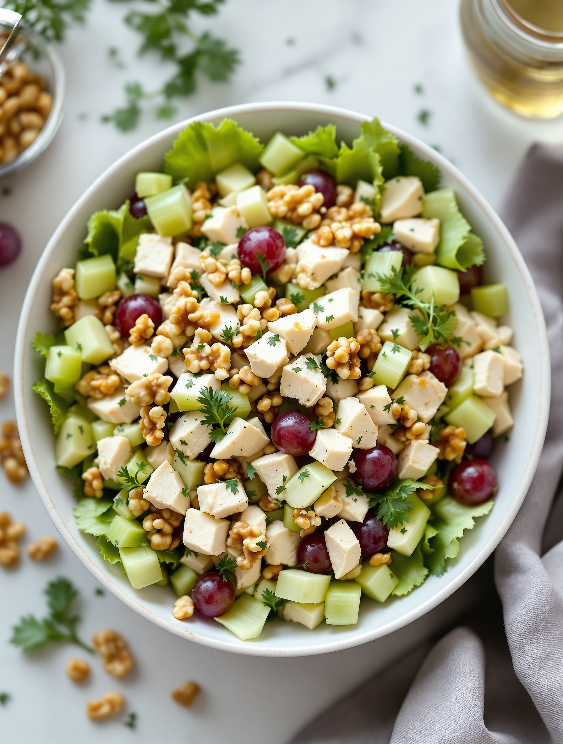 A colorful Greek Yogurt Chicken Salad Bowl with chicken, celery, grapes, and walnuts.